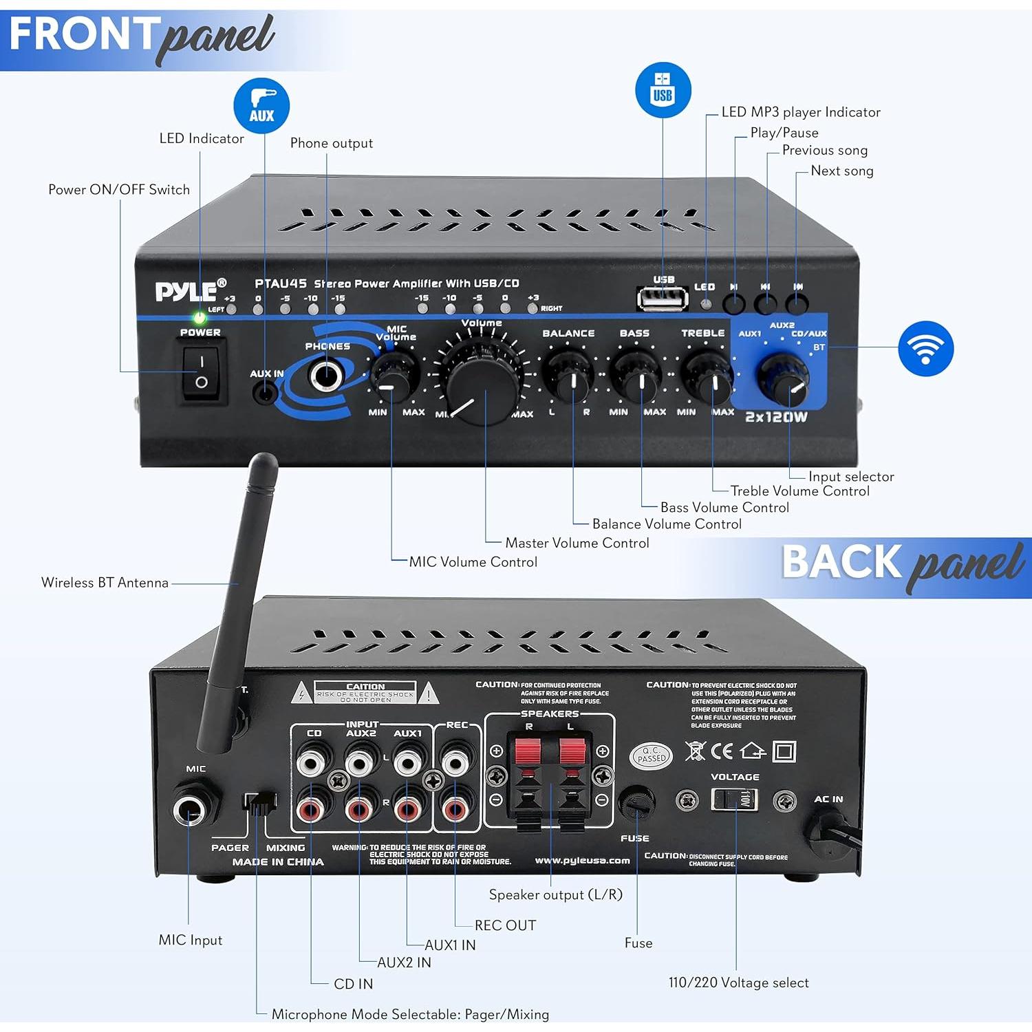 Amplificador de Audio Bluetooth Pyle PTAU45.5 2x120W USB