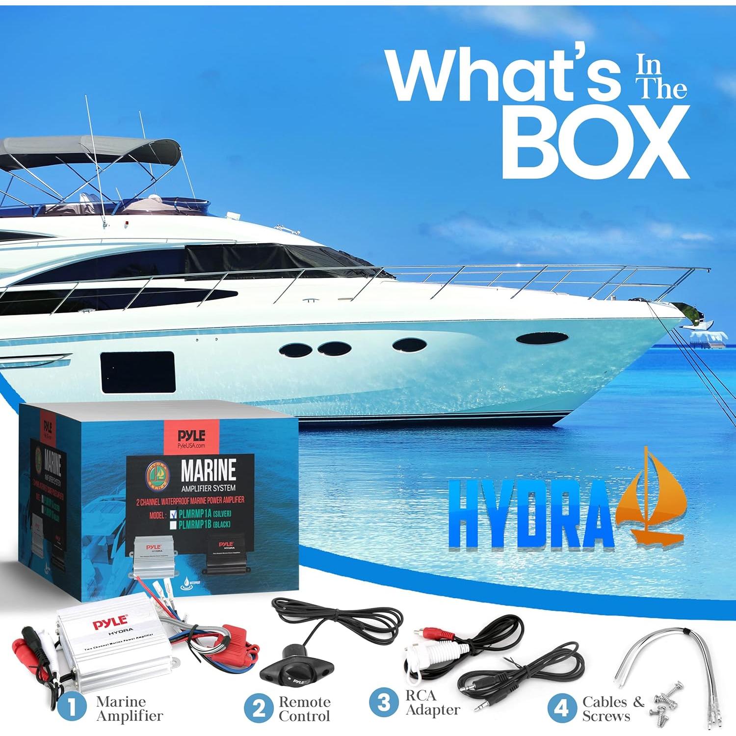 Pyle Hydra Marine Amplifier - Upgraded Elite Series 400 Watt 2 Channel Micro Amplifier - Waterproof, GAIN Level Controls, RCA Stereo Input, 3.5mm Jack & Volume Control (PLMRMP1A)