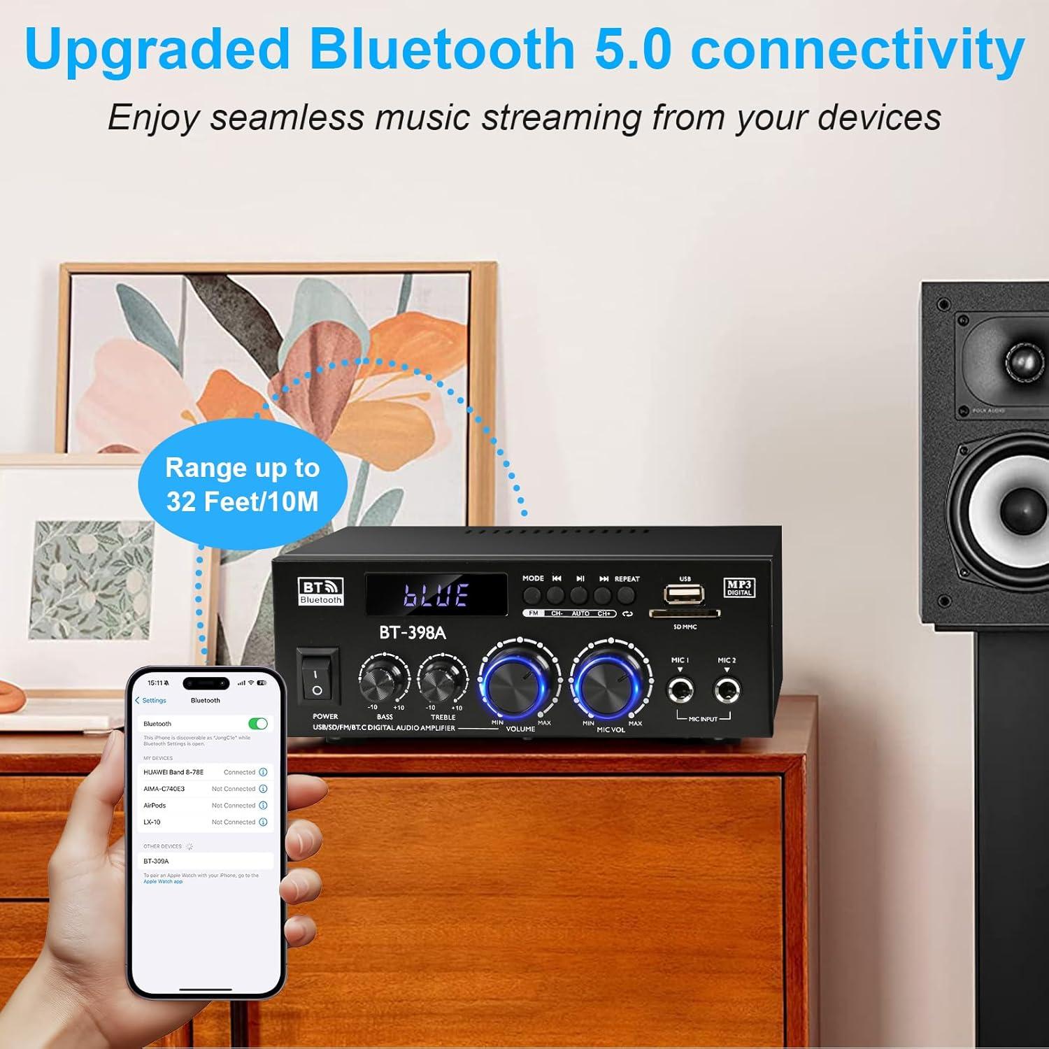 Amplificador Estéreo Romicta BT-398, 450W, Bluetooth 5.0, FM