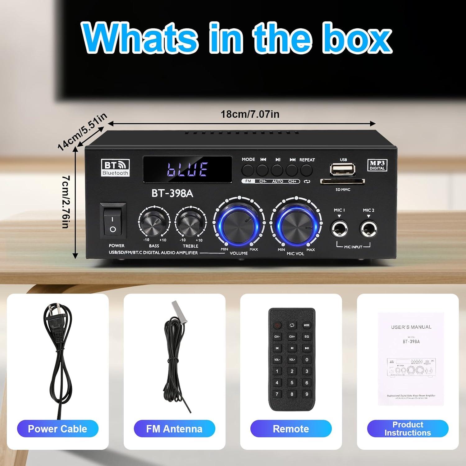 Amplificador Estéreo Romicta BT-398, 450W, Bluetooth 5.0, FM