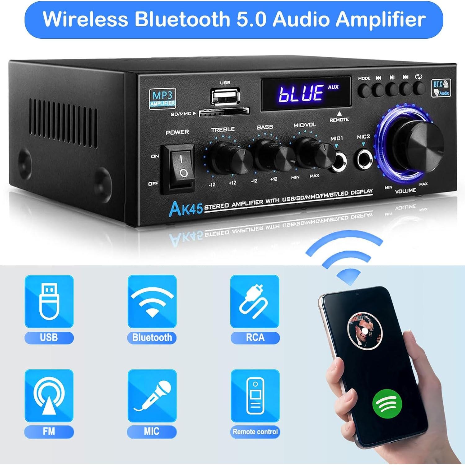 Amplificador Estéreo Woopker AK45 300W Bluetooth 5.0