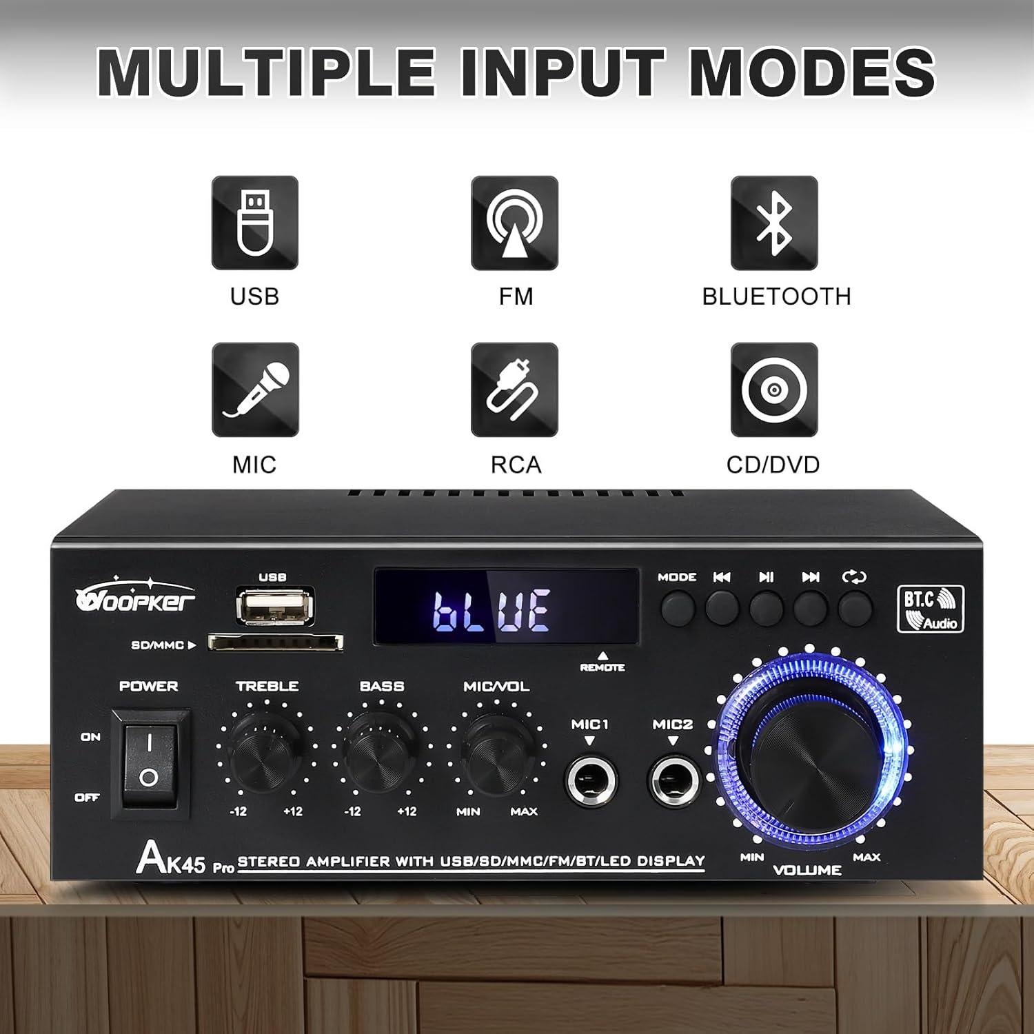 Amplificador Estéreo AK45Pro 400W Bluetooth 5.3 para Hogar