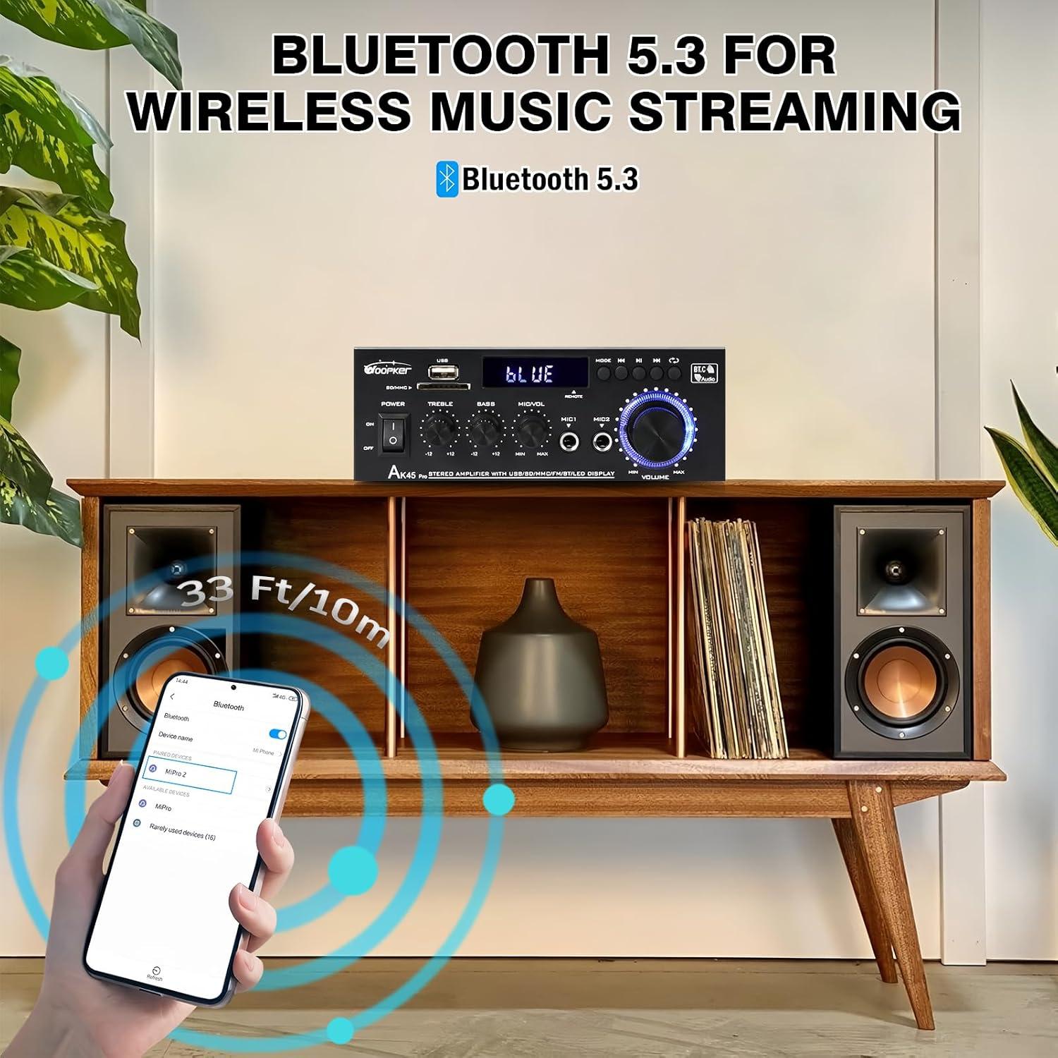 Amplificador Estéreo AK45Pro 400W Bluetooth 5.3 para Hogar