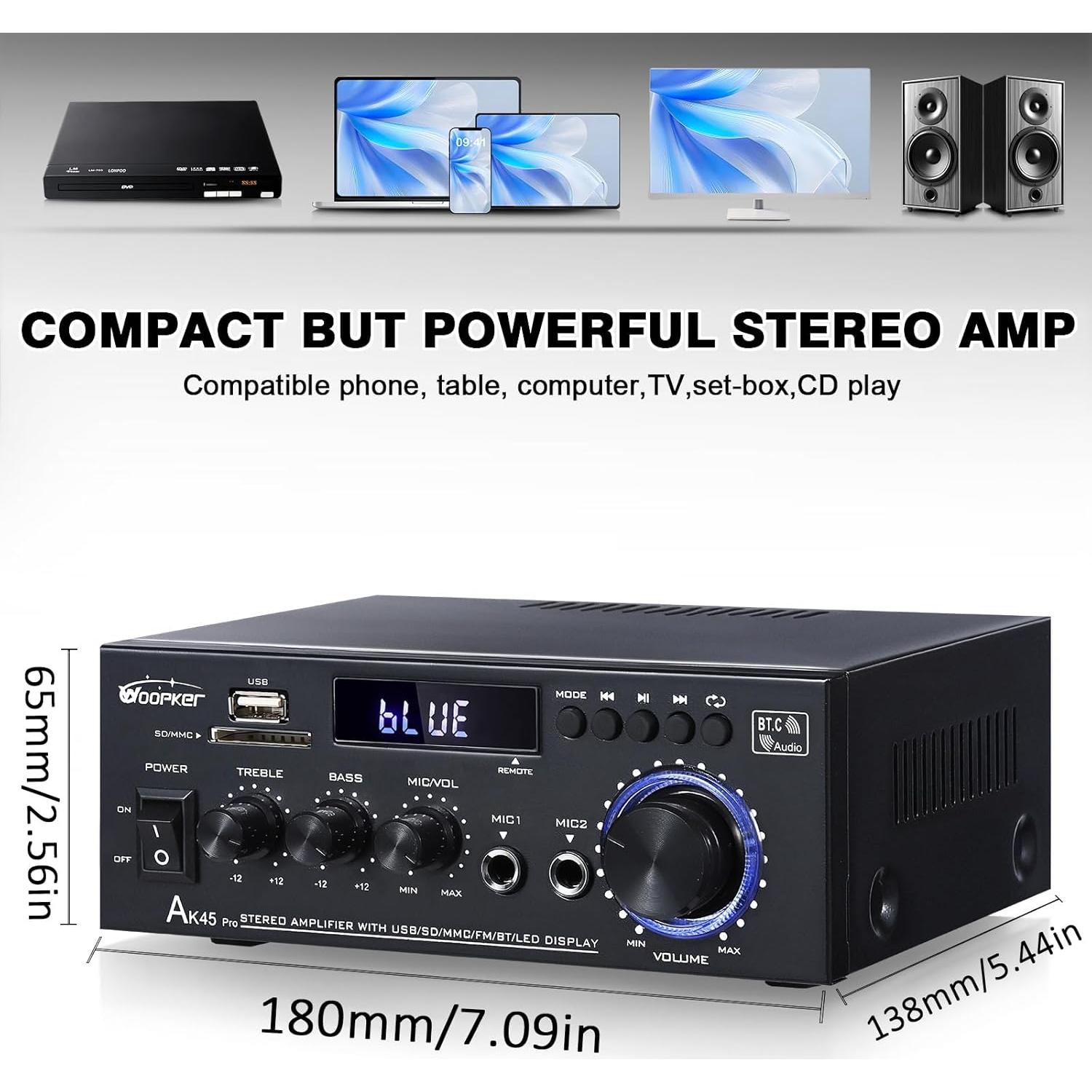 Amplificador Estéreo AK45Pro 400W Bluetooth 5.3 para Hogar