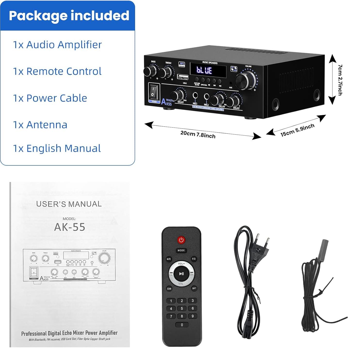 Amplificador de Audio Estéreo 1000W Bluetooth 5.3 AK55