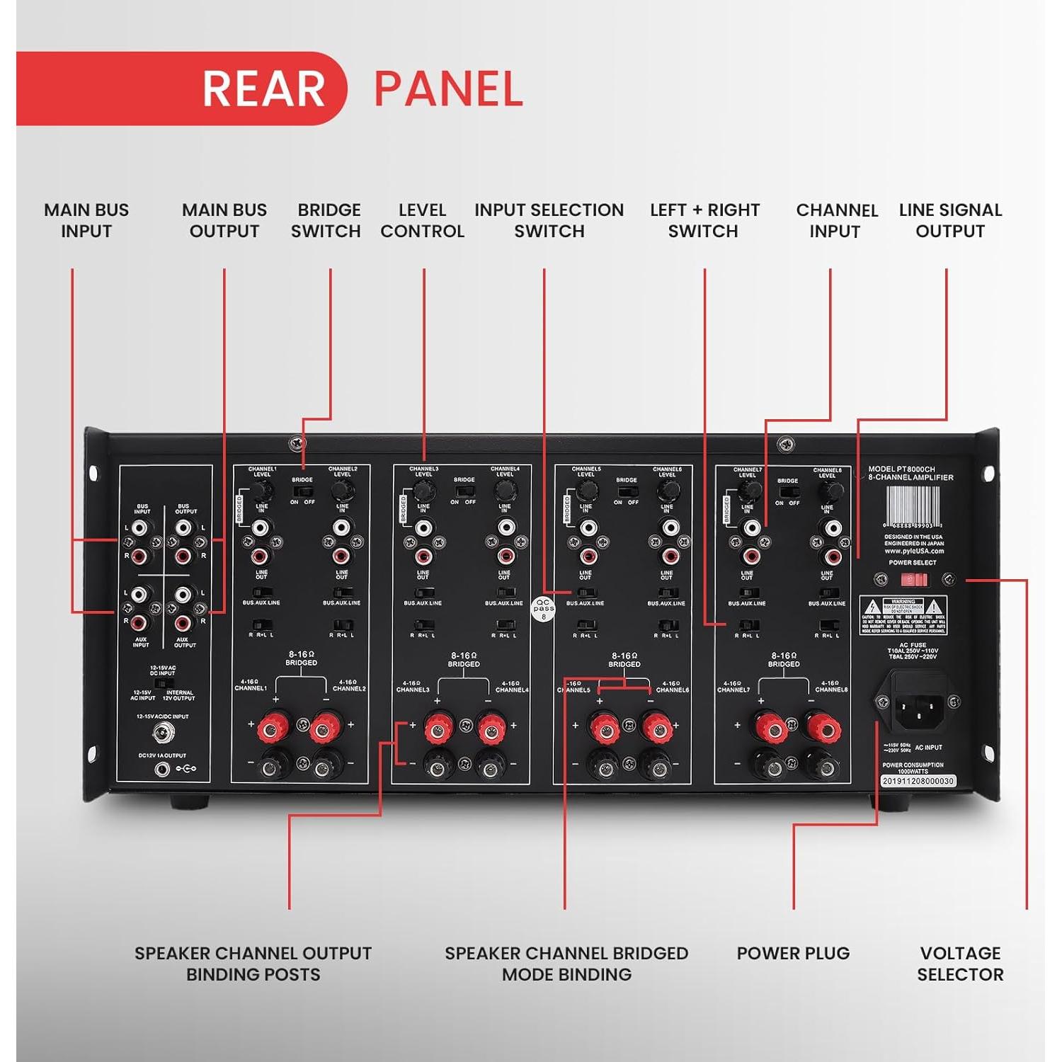 Amplificador Estéreo Pyle PT8000CH 8 Canales 8000W Rack