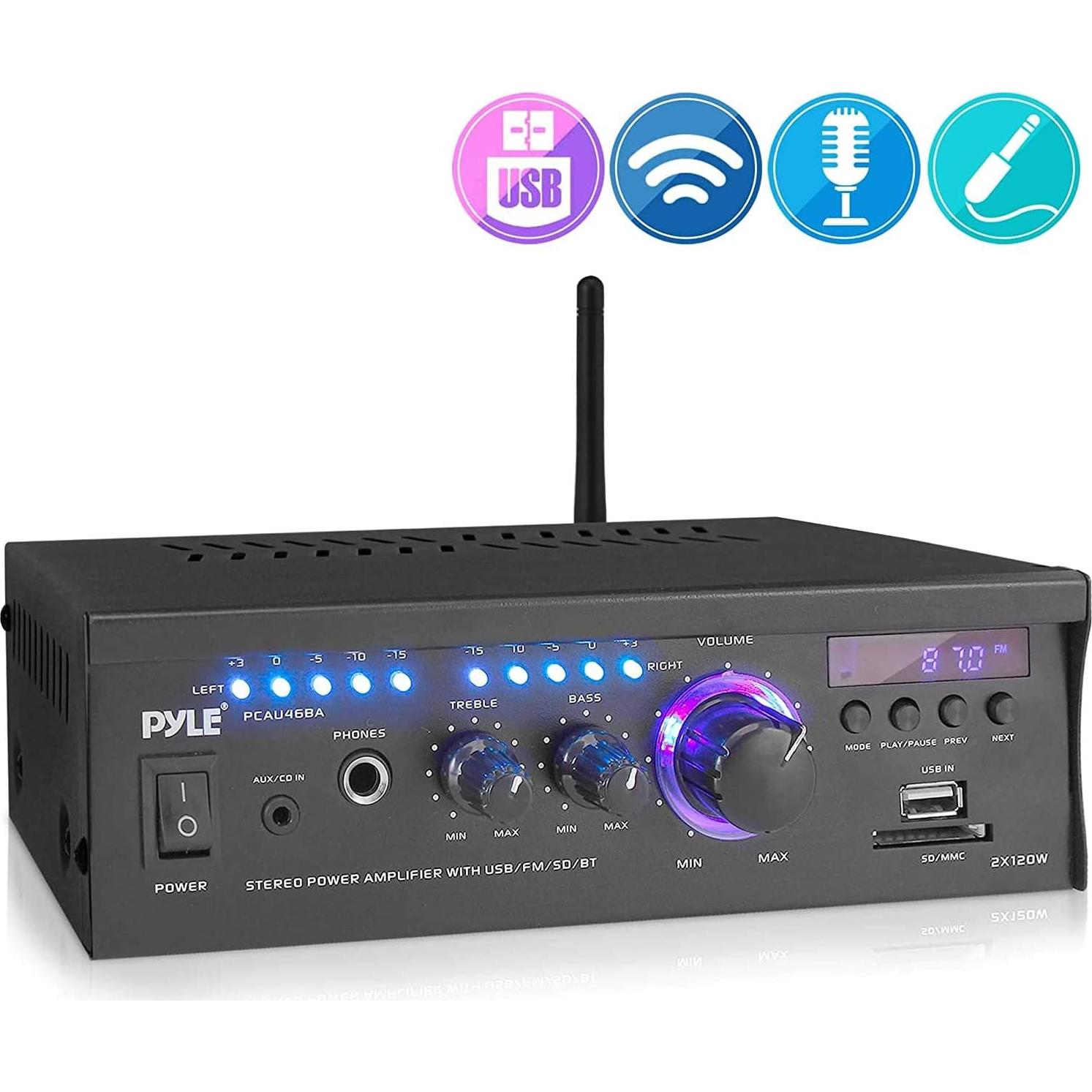 Amplificador Estéreo Pyle PCAU46BA 2x120W Bluetooth USB AUX