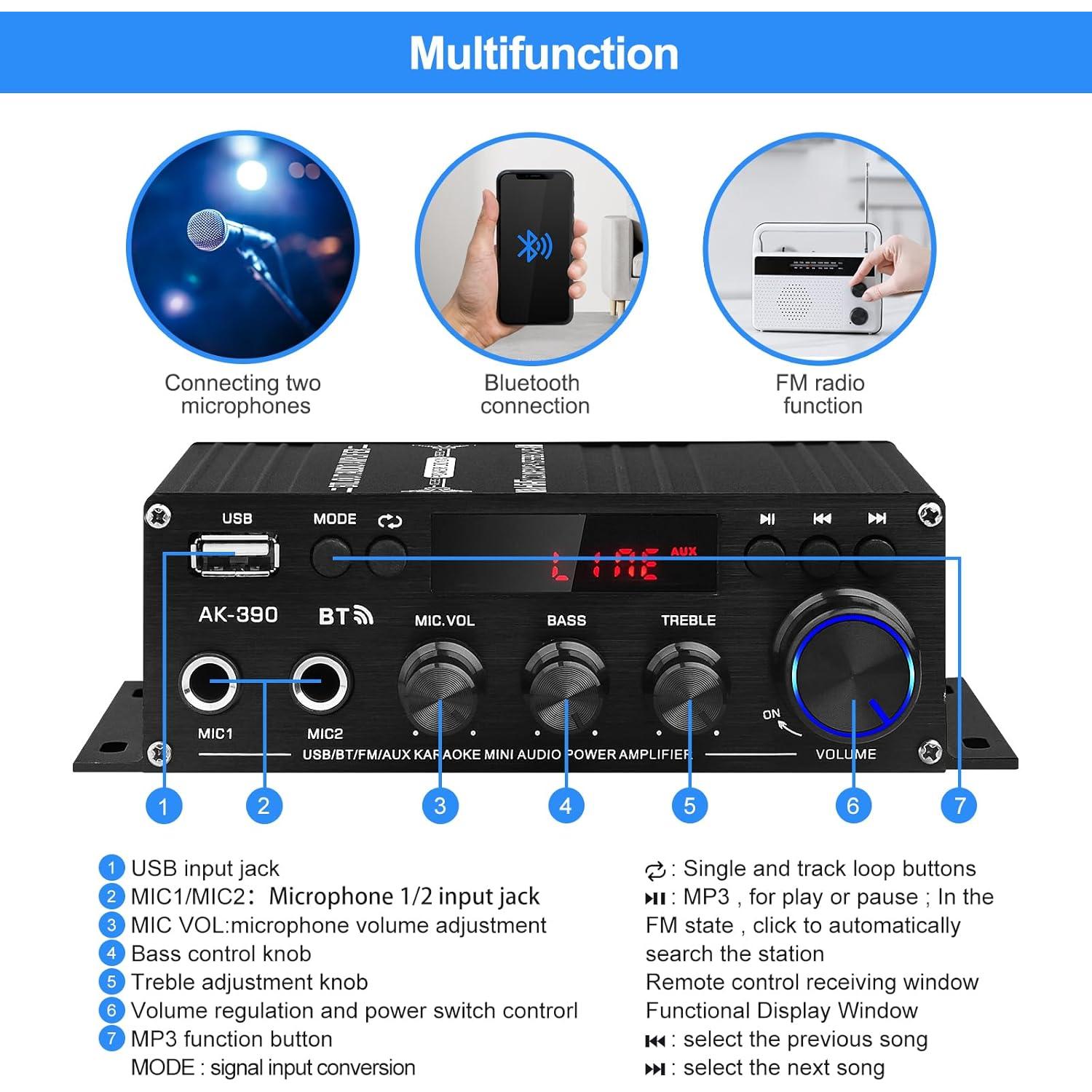 Amplificador de Audio Estéreo AK-390 Bluetooth 5.0 40W 2.0 Canal