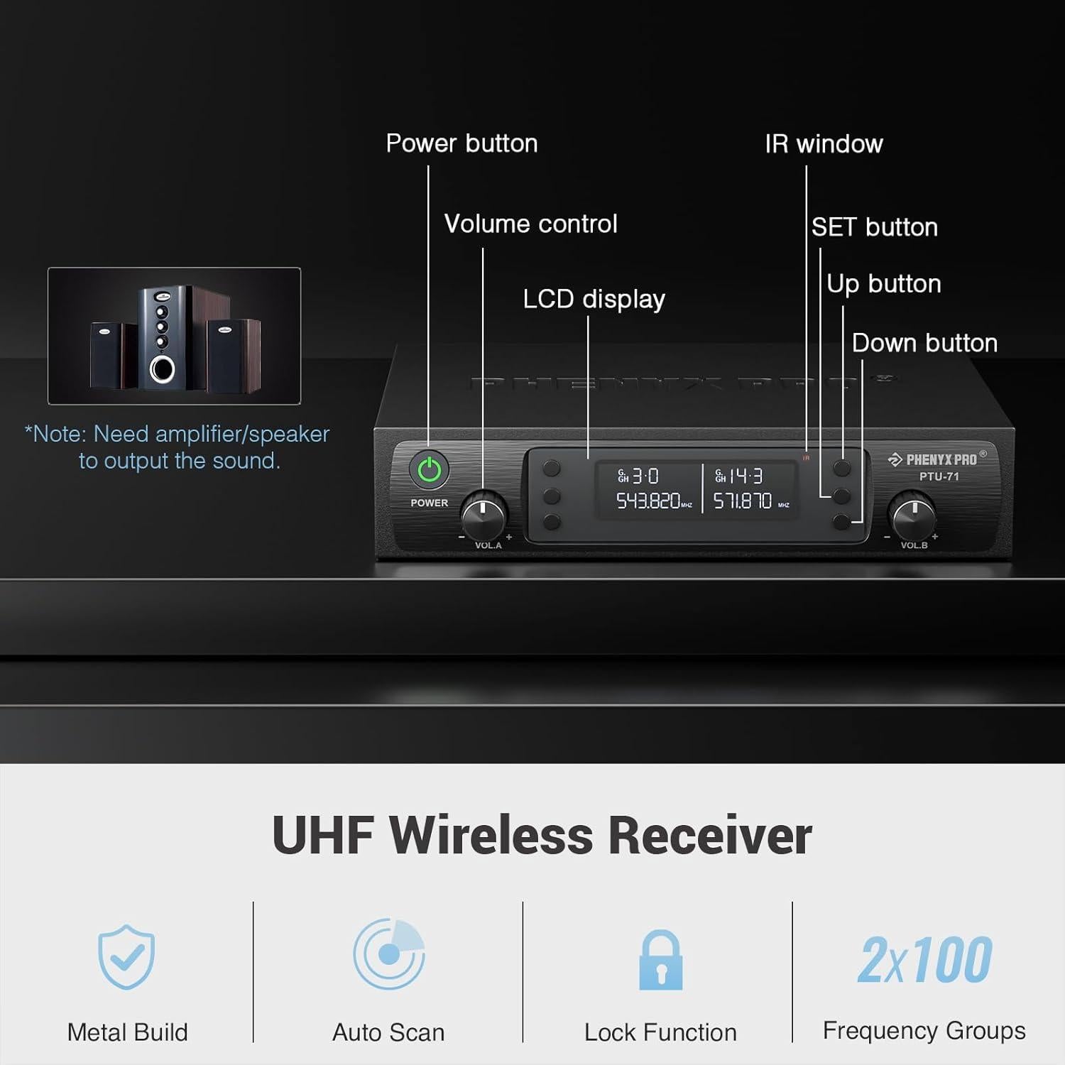 Sistema de Micrófono Inalámbrico Phenyx Pro PTU-71-2H, 2 Micrófonos de Mano, 100m