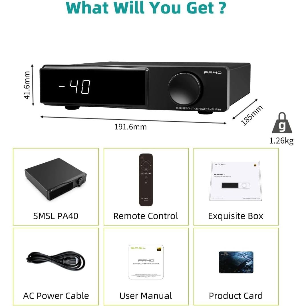 Amplificador Estéreo SMSL PA40, 165W x 2, Control Remoto