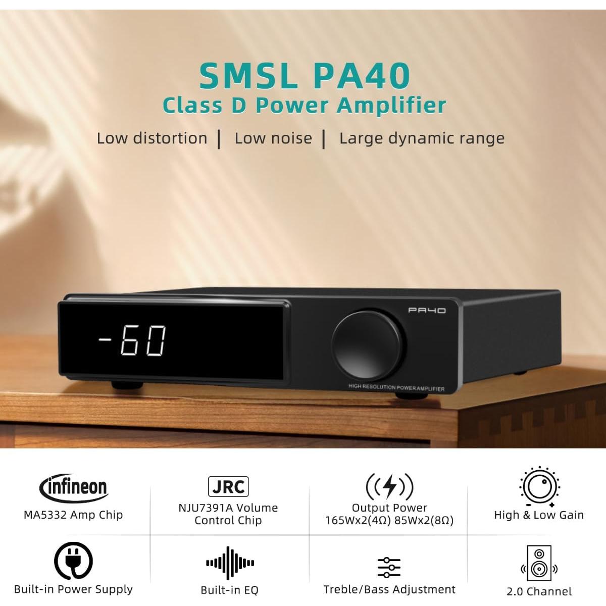 Amplificador Estéreo SMSL PA40, 165W x 2, Control Remoto