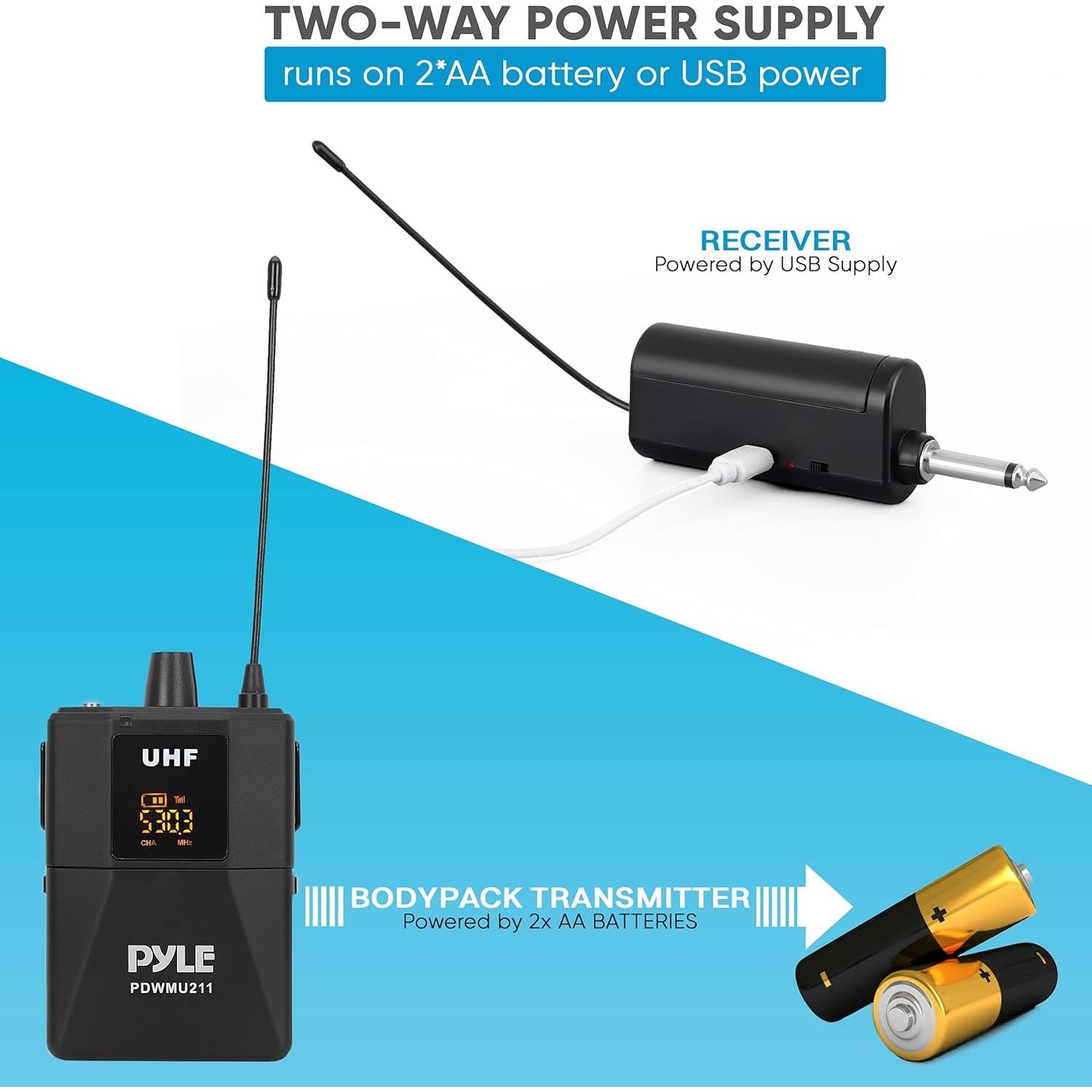 Sistema de micrófono inalámbrico UHF Pyle PDWMU211 - 2 micrófonos