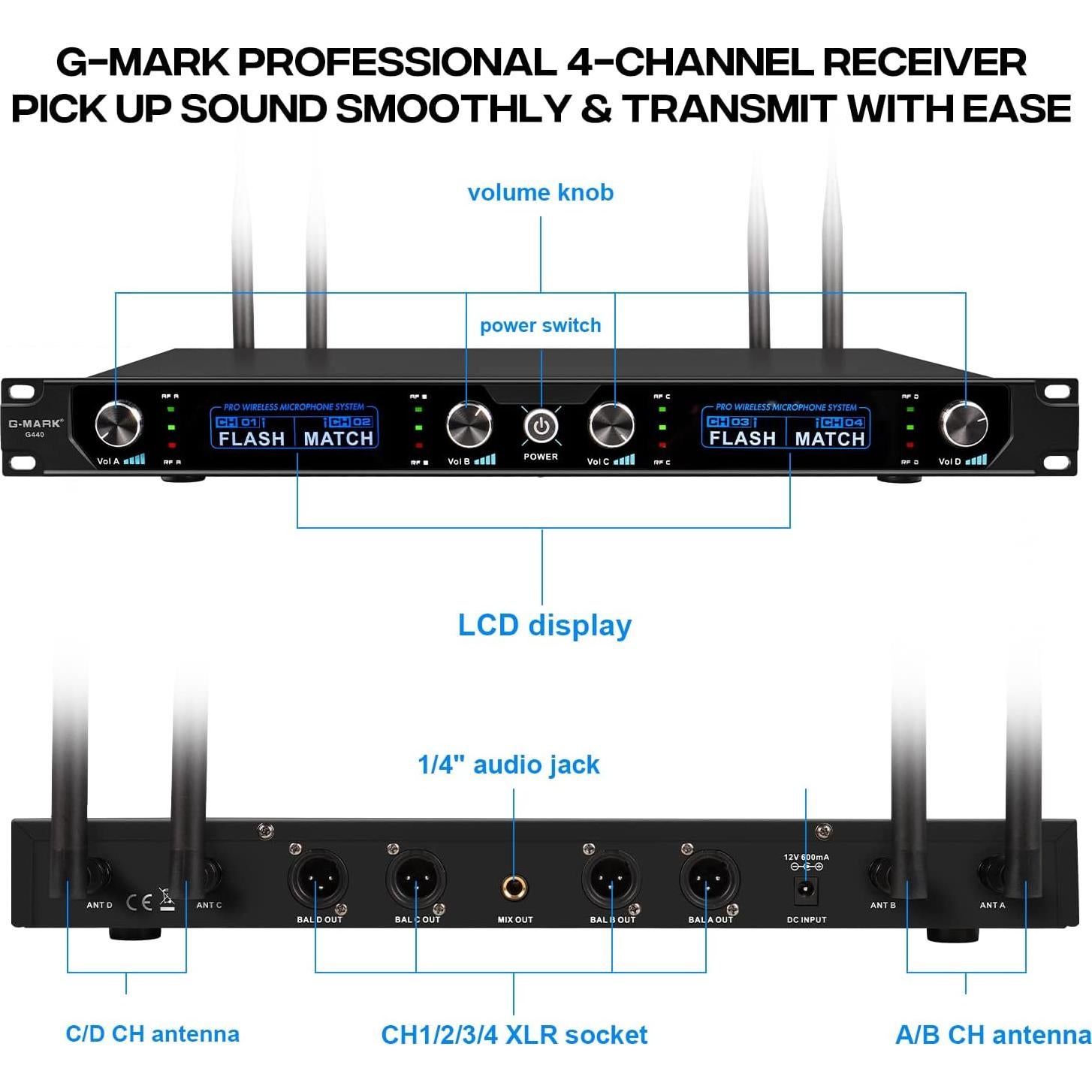 Sistema de Micrófono Inalámbrico G-MARK G440, 4 Canales UHF