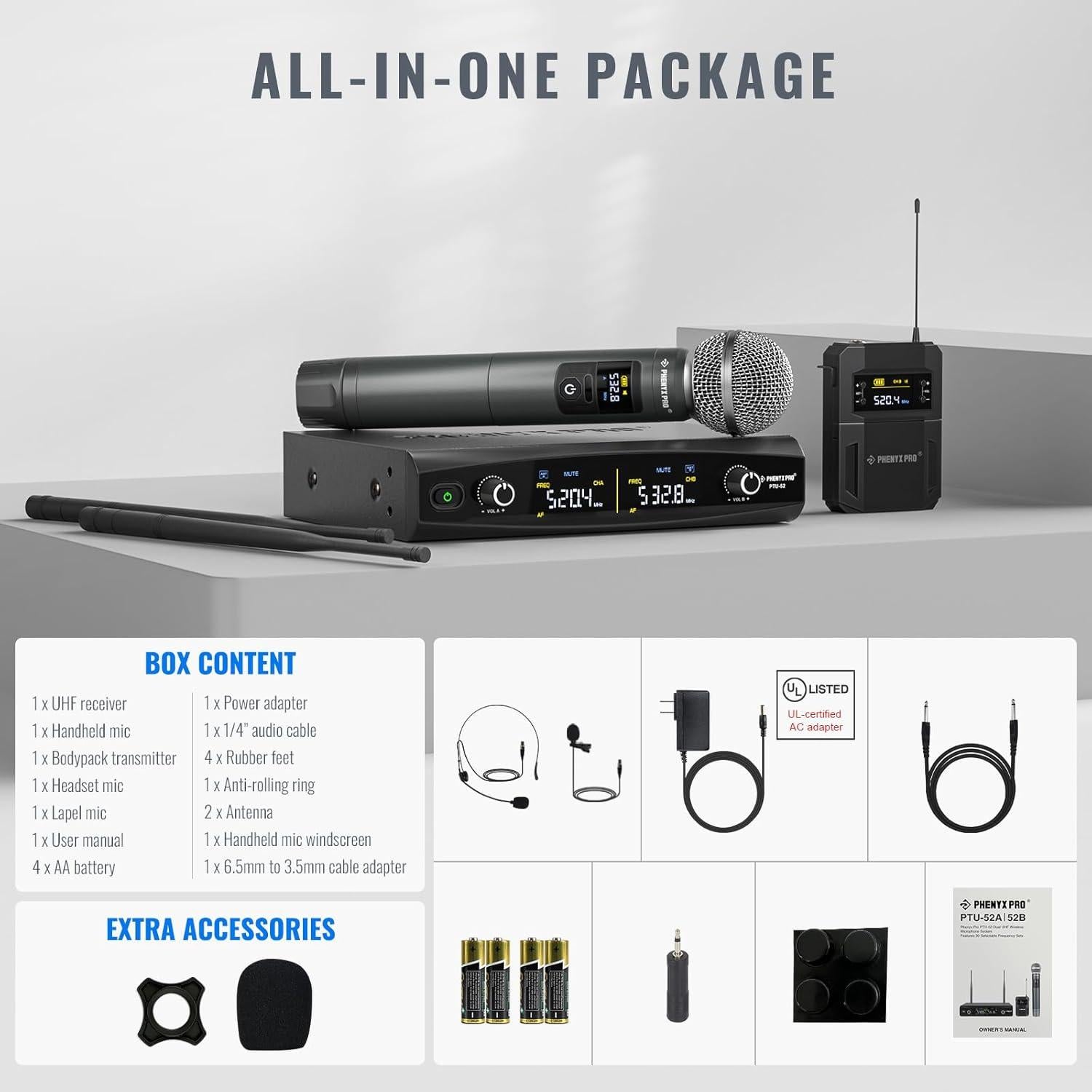 Sistema de micrófono inalámbrico Phenyx Pro PTU-52B, 2 canales UHF