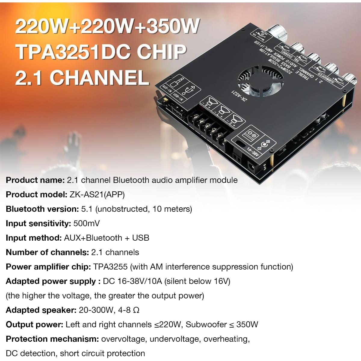 Amplificador de Potencia Bluetooth 5.1 ZK-AS21 2.1 Canales 220W+350W