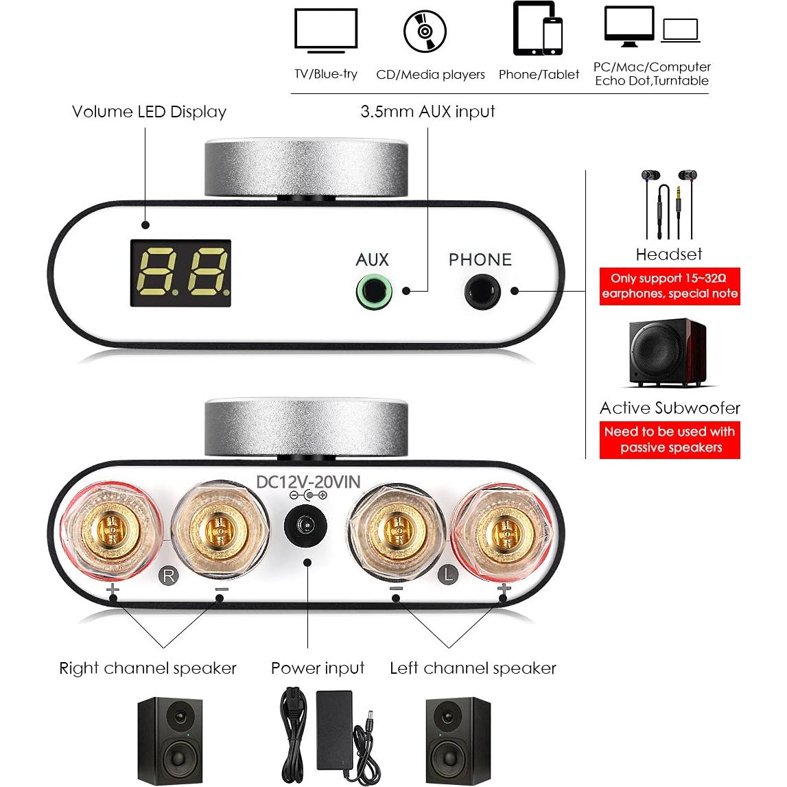 Amplificador Mini Nobsound NS-20G 200W Bluetooth 5.0 Hi-Fi
