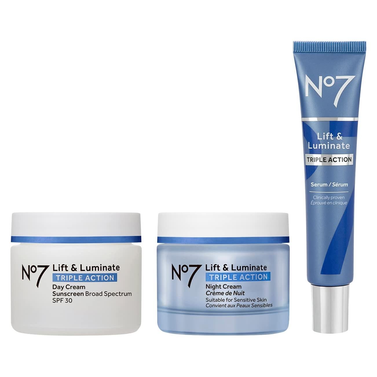 No7 Lift & Luminate Triple Action Skincare Set - Broad Spectrum Anti Aging Day Cream SPF 30 + Vitamin C Wrinkle Serum + Collagen Peptide Brightening Night Cream (3 Piece Kit)