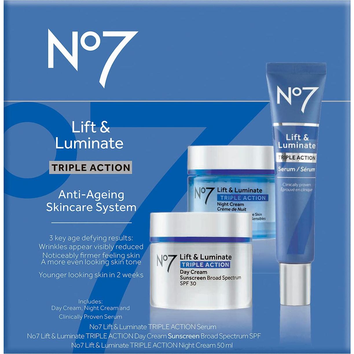No7 Lift & Luminate Triple Action Skincare Set - Broad Spectrum Anti Aging Day Cream SPF 30 + Vitamin C Wrinkle Serum + Collagen Peptide Brightening Night Cream (3 Piece Kit)