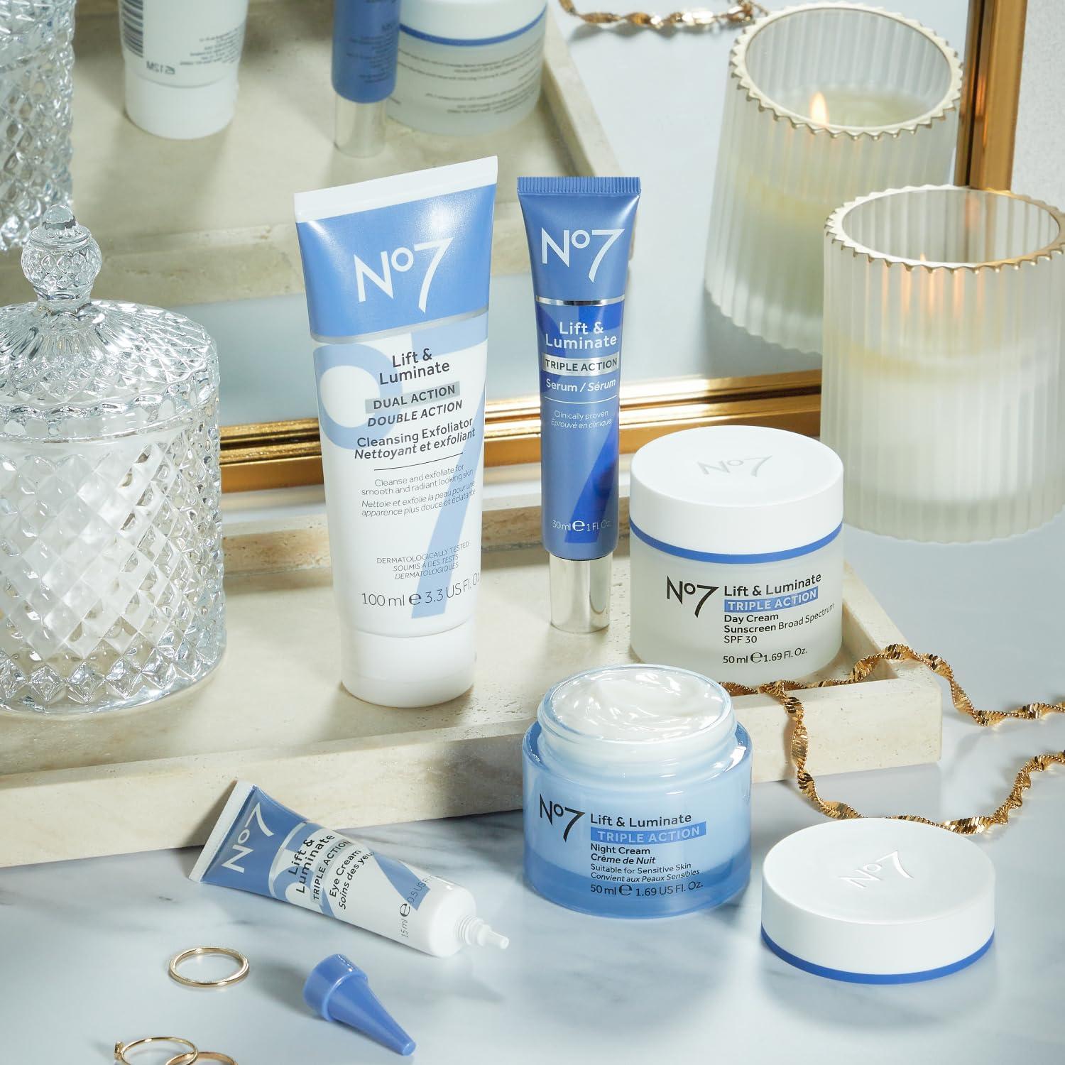 No7 Lift & Luminate Triple Action Skincare Set - Broad Spectrum Anti Aging Day Cream SPF 30 + Vitamin C Wrinkle Serum + Collagen Peptide Brightening Night Cream (3 Piece Kit)