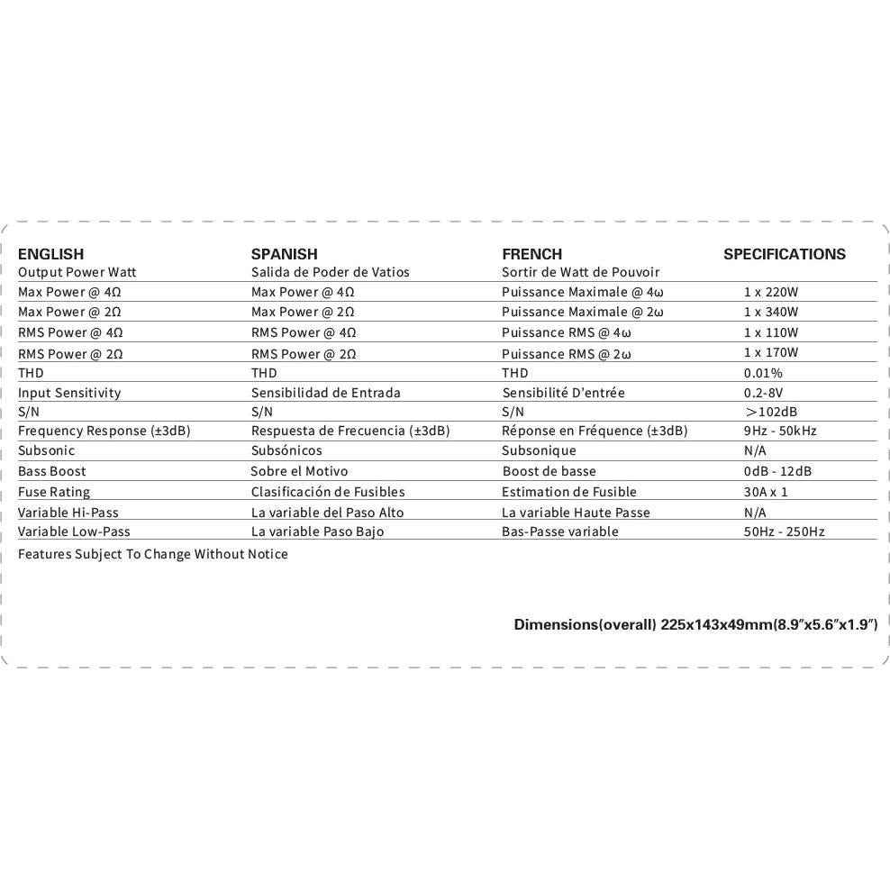 Amplificador Monobloque OceanAudio OAE-170.1 340W 2 Ohm