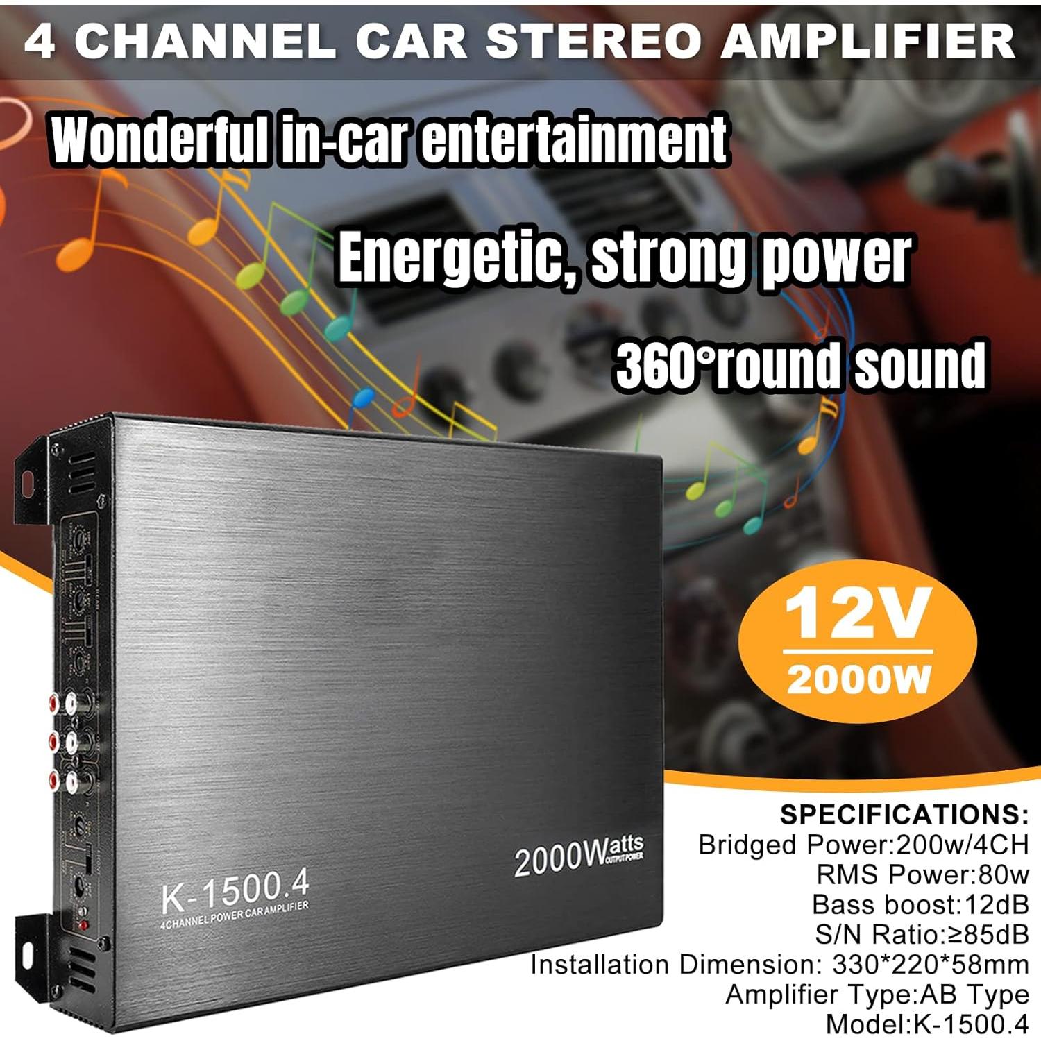 Amplificador de 4 Canales YaeCCC 2000W para Coche K-1500.4
