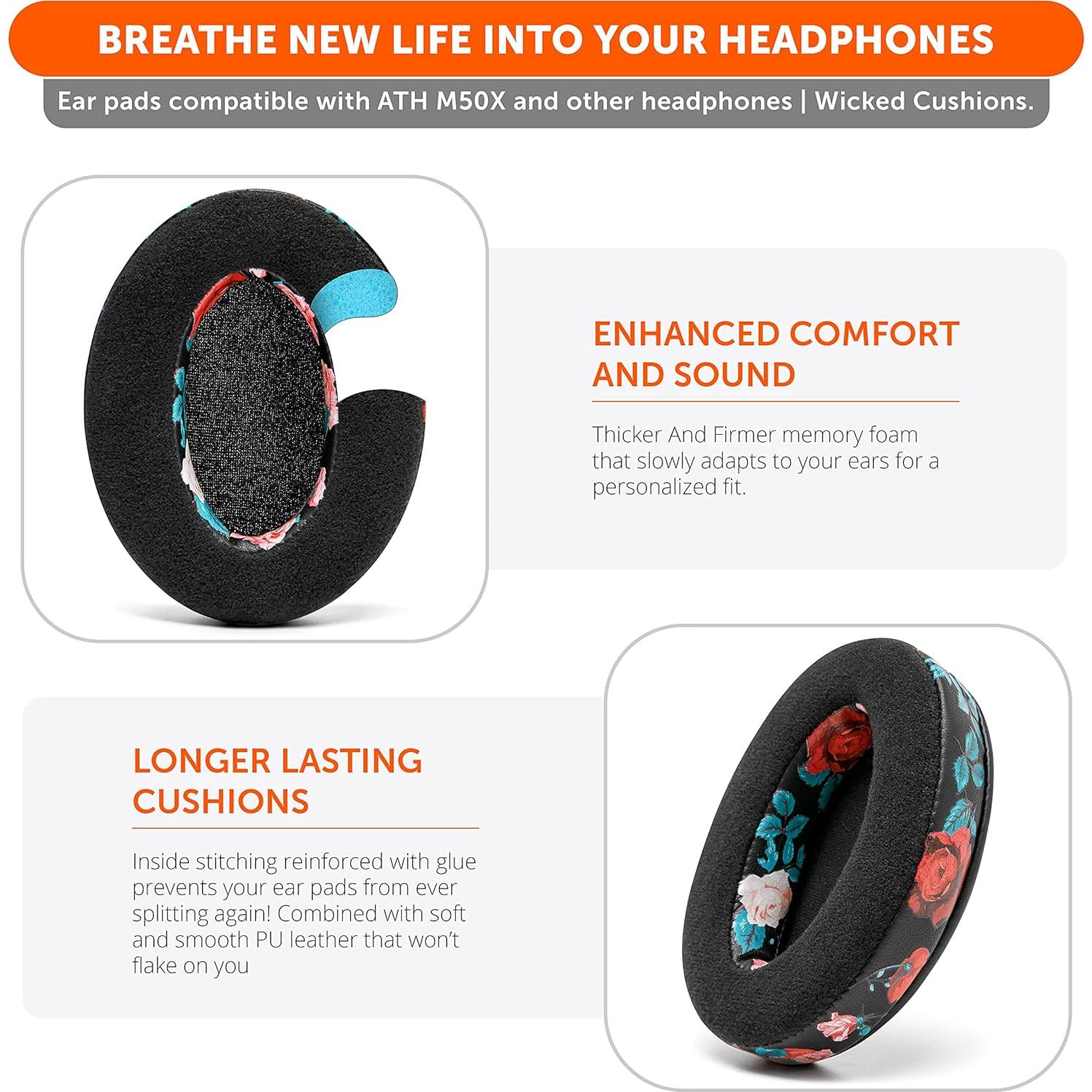 Almohadillas de Reemplazo WC para Auriculares ATH M50X - Floral Negro