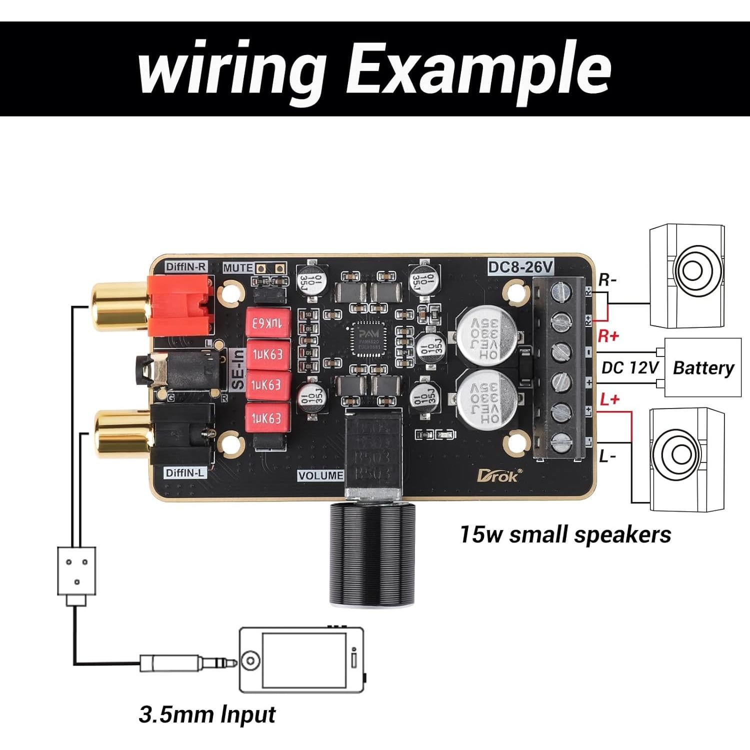 Amplificador Estéreo Digital DROK 15W+15W 2 Canales 12V-24V