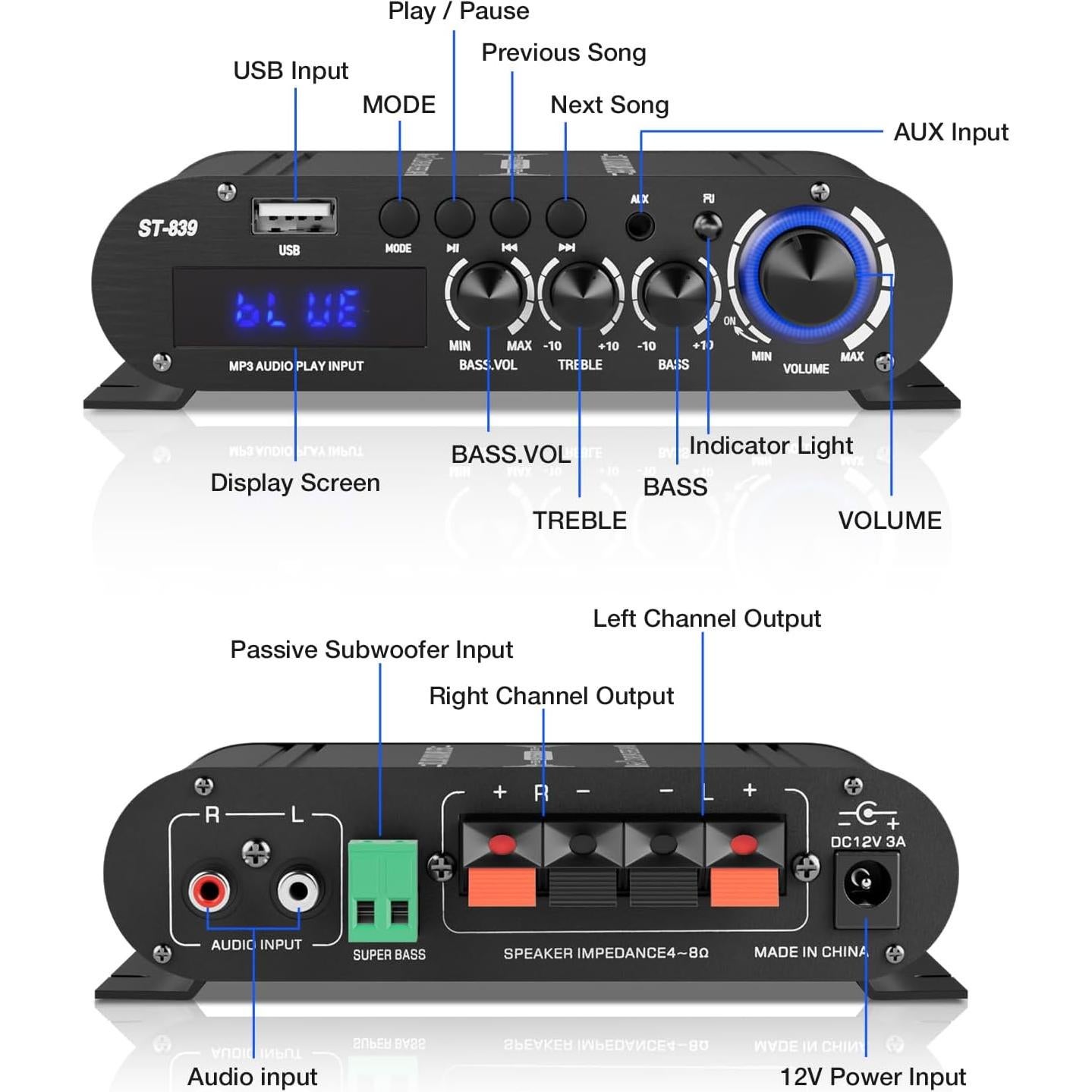 Amplificador Estéreo Bluetooth Facmogu ST-839 2.1CH 25W x 2 + 40W