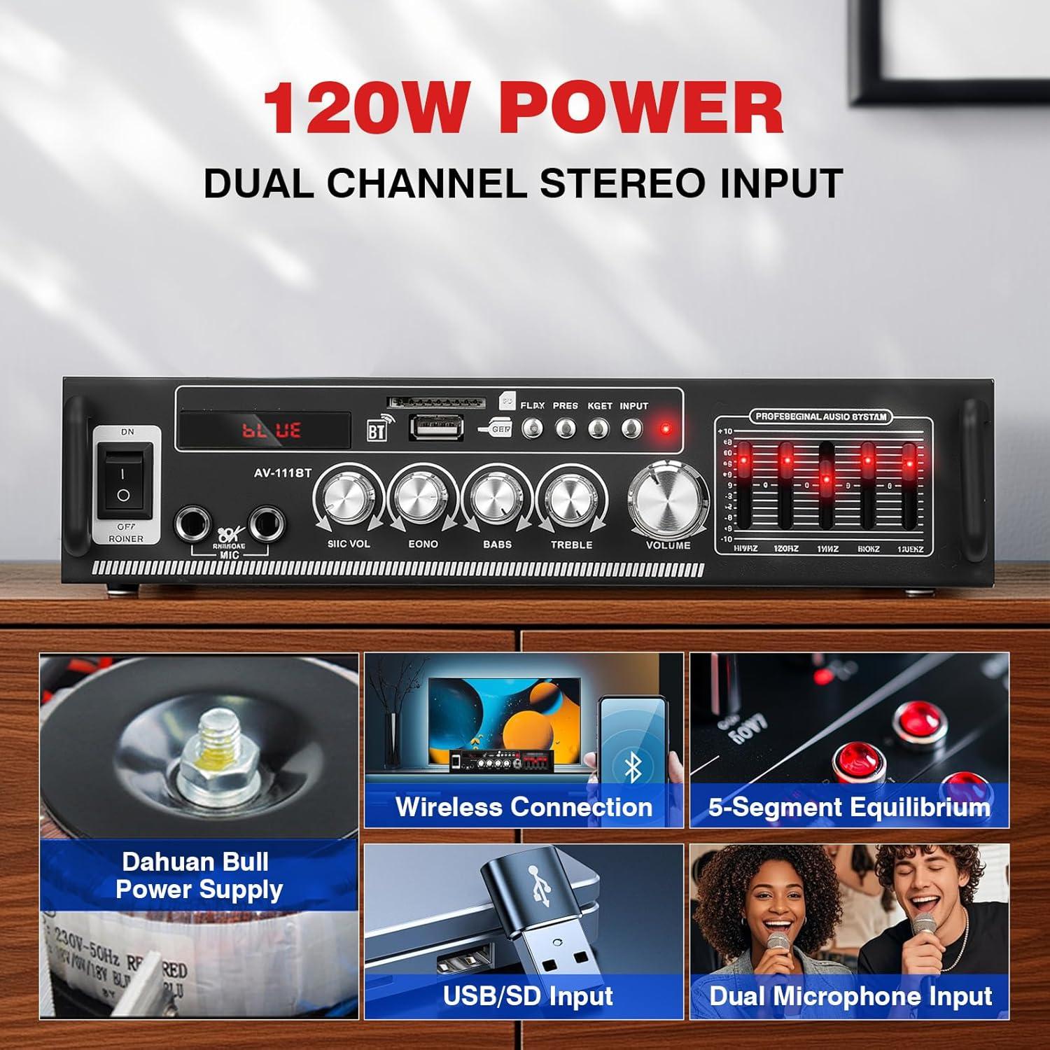 Amplificador de hogar Facmogu AV-111BT 60W RMS Ecualizador 5 Bandas