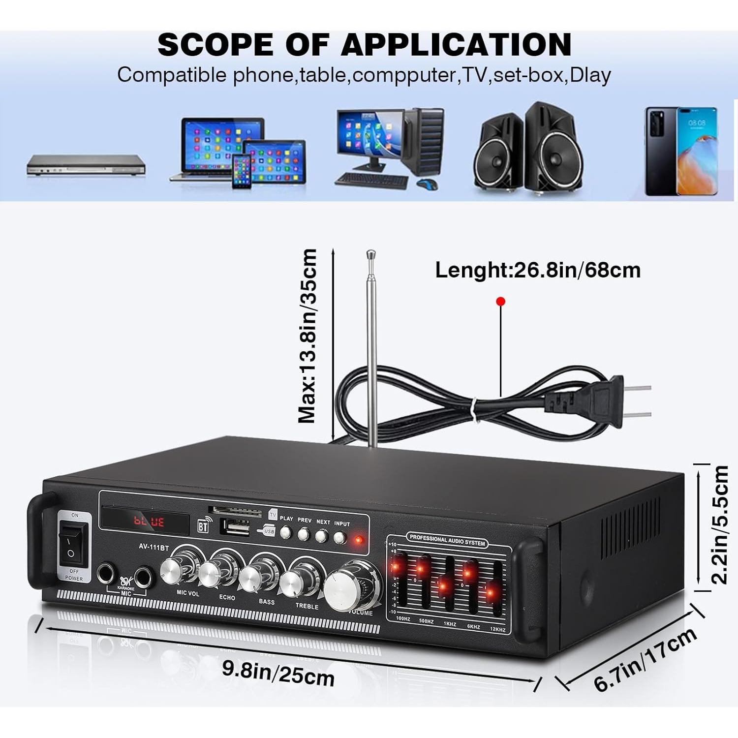 Amplificador de hogar Facmogu AV-111BT 60W RMS Ecualizador 5 Bandas