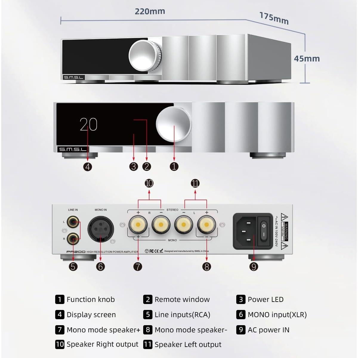 Amplificador de Potencia SMSL PA200 XLR RCA 1.87kg