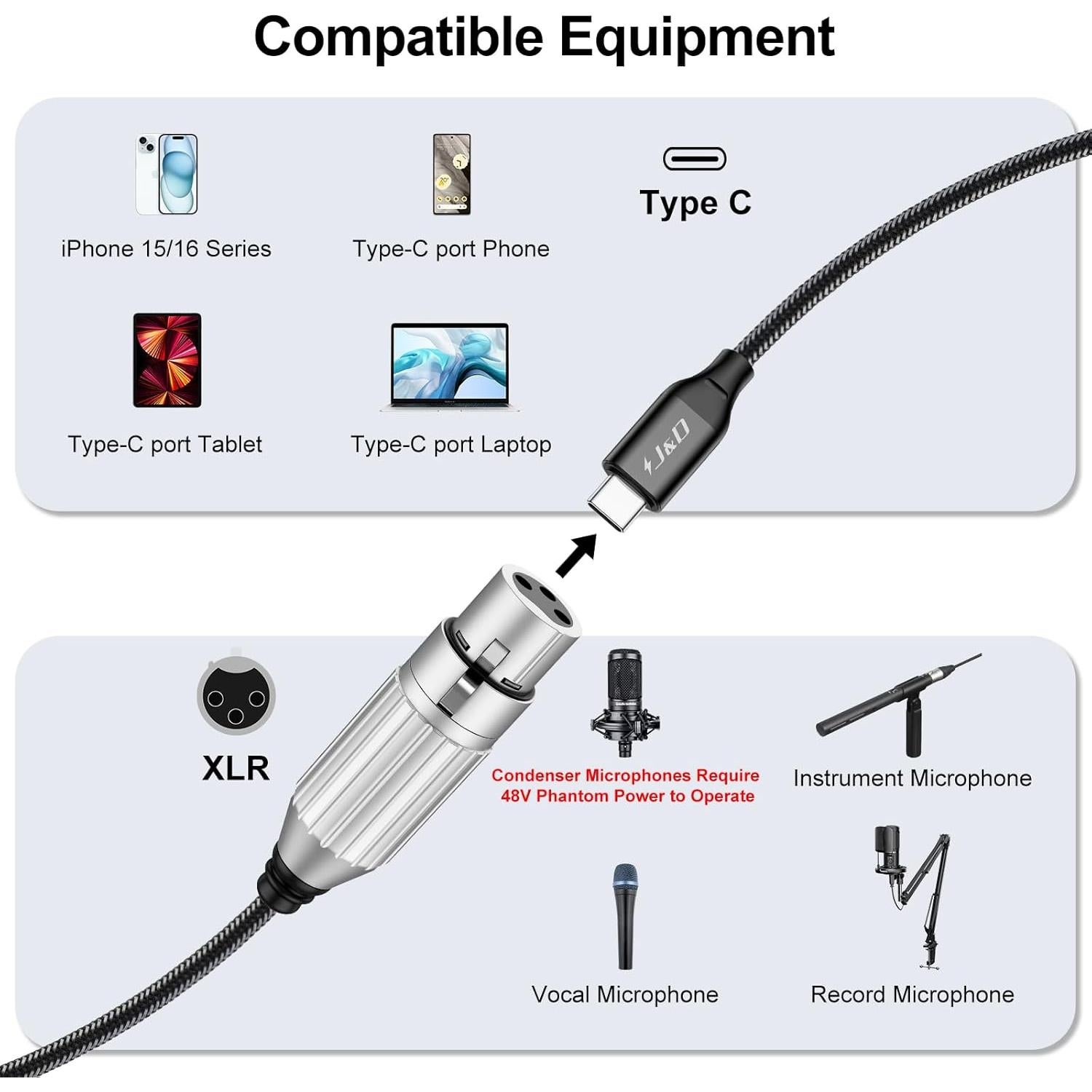 Cable USB C a XLR J&D 2.99m para Micrófono Dinámico
