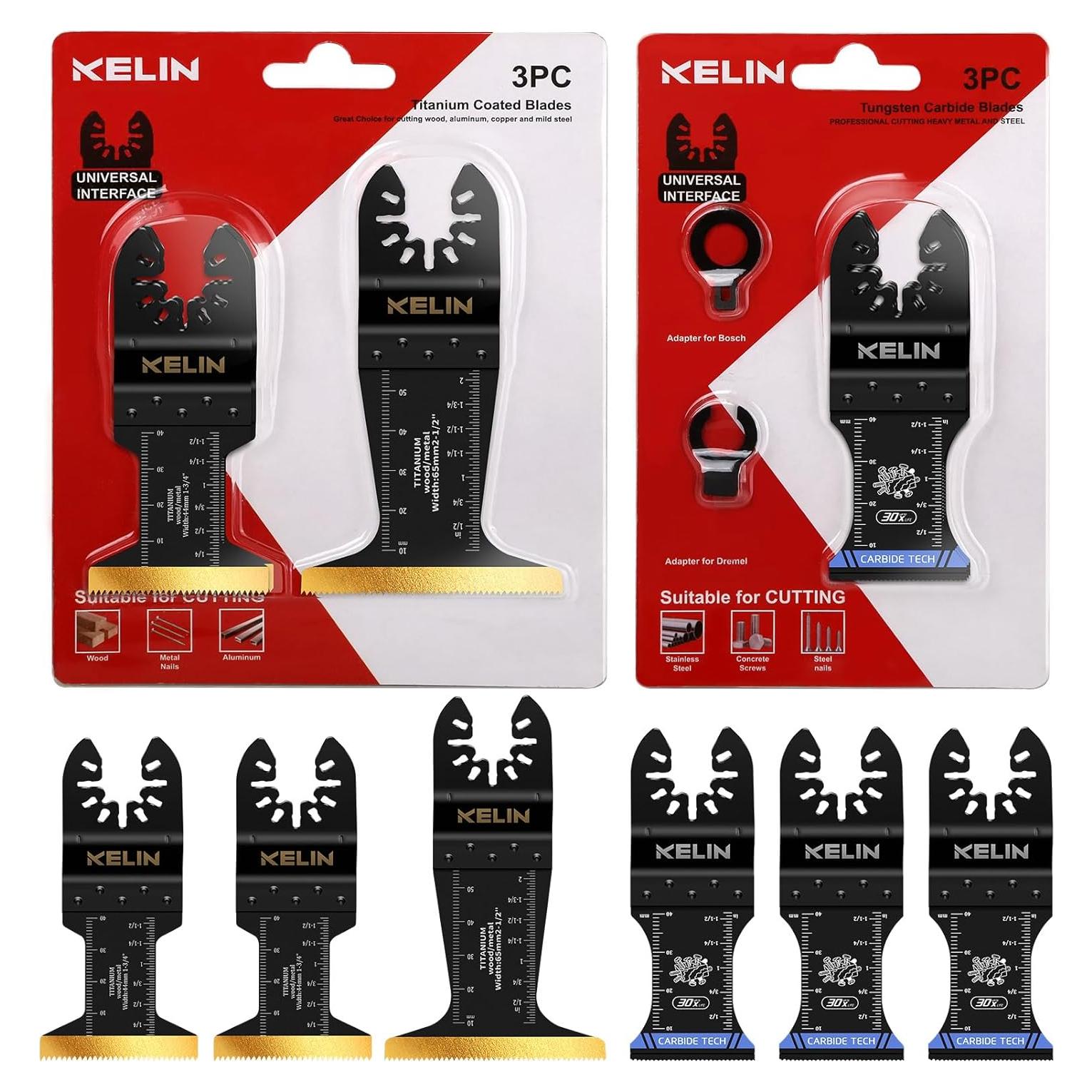 KELIN 6 PCS Carbide and Titanium Multitool Blades Kit, Heavy Duty Oscillating Tool Saw Blades for Steel Bolts Screws Metal Wood Cutting with Hangable Case, Universal Interface Fit Bosch Fein Dewalt