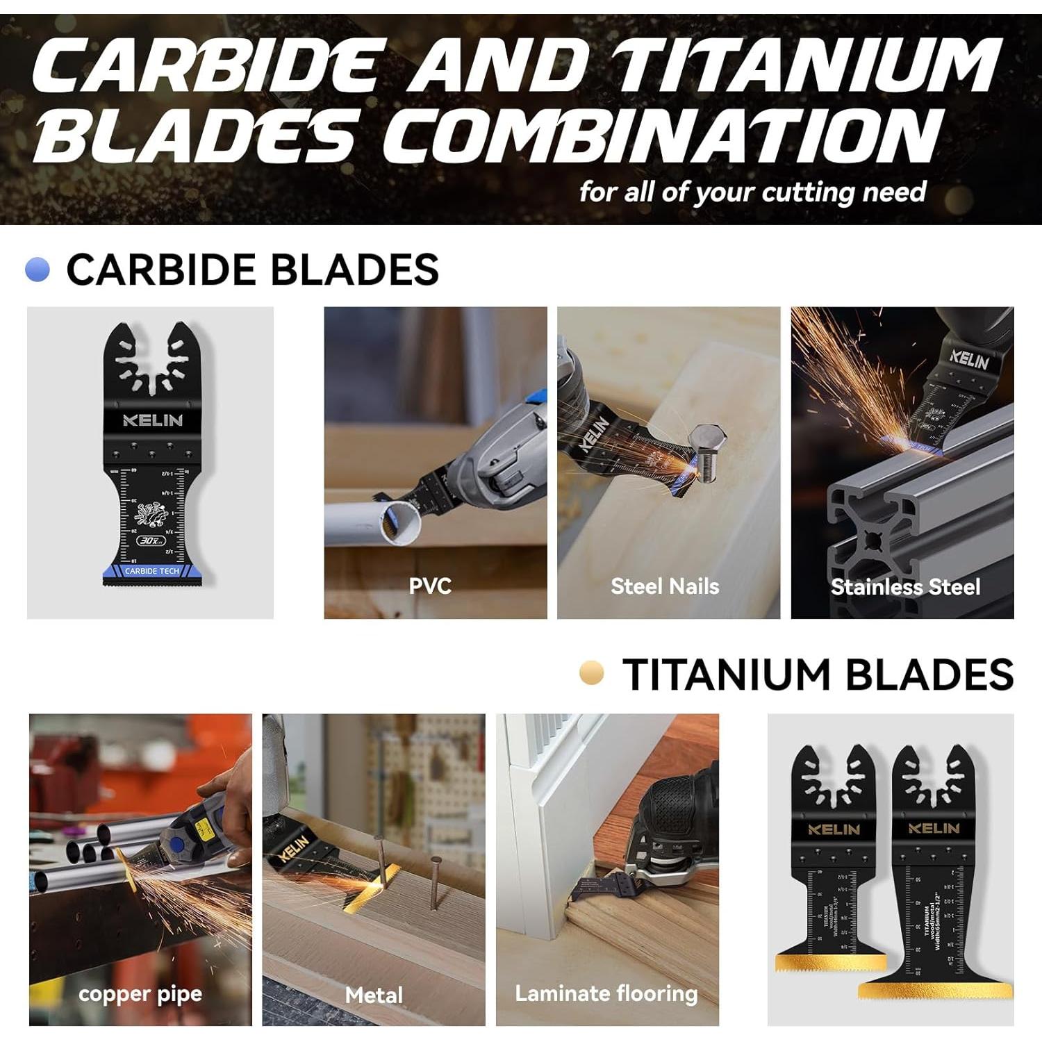 KELIN 6 PCS Carbide and Titanium Multitool Blades Kit, Heavy Duty Oscillating Tool Saw Blades for Steel Bolts Screws Metal Wood Cutting with Hangable Case, Universal Interface Fit Bosch Fein Dewalt