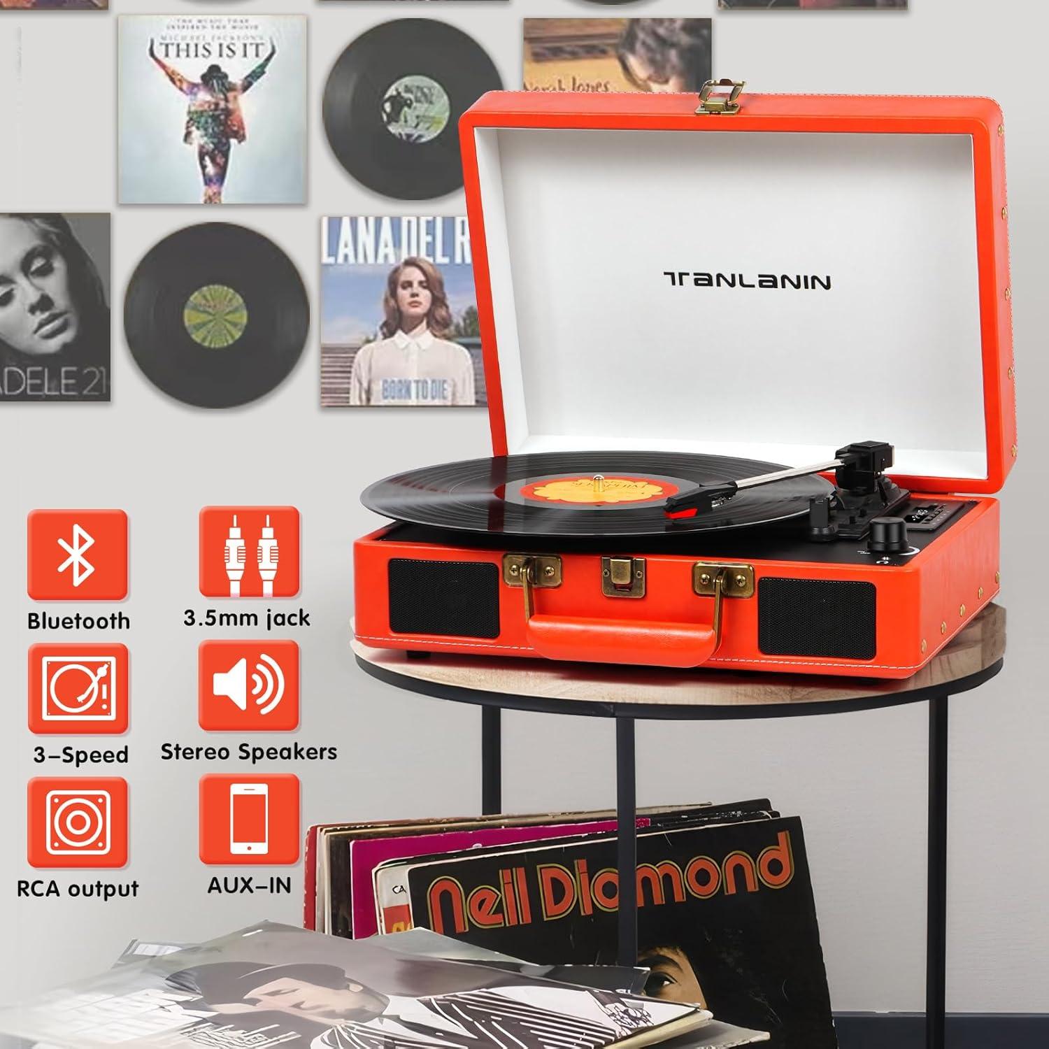 Reproductor de Vinilo Portátil TANLANIN TE-2026 Naranja Bluetooth