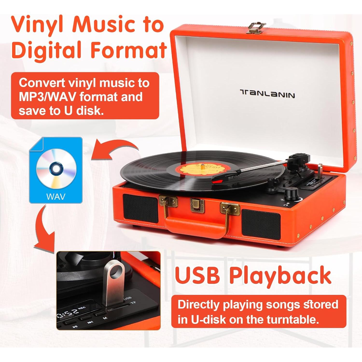 Reproductor de Vinilo Portátil TANLANIN TE-2026 Naranja Bluetooth