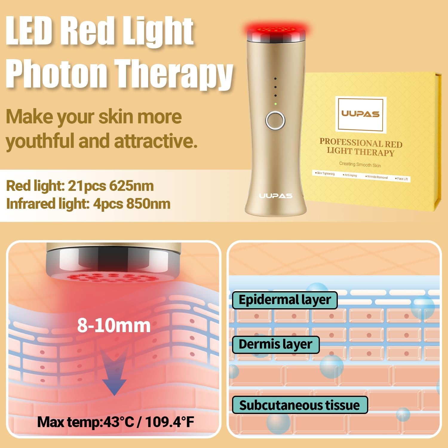 Masajeador Facial LED UUPAS - Terapia de Luz Roja 14.7cm