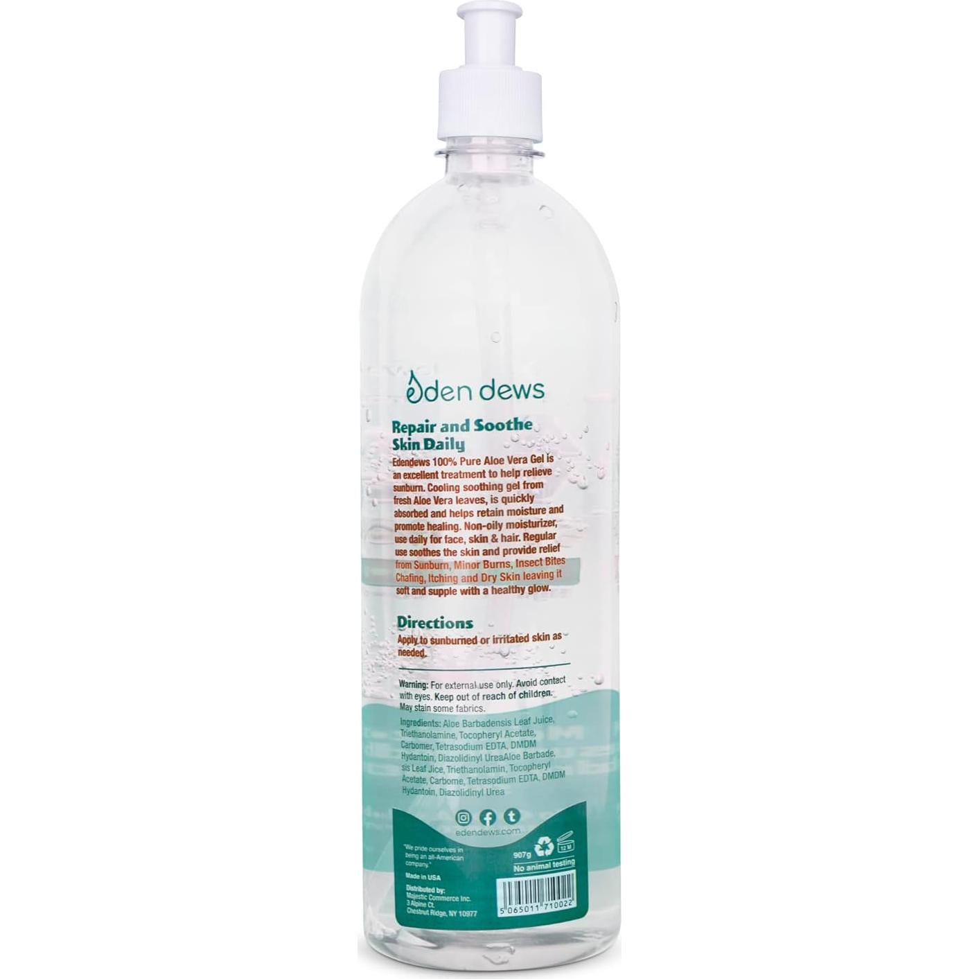 Gel de Aloe Vera Orgánico 100% Puro Eden Dews 907g Hidratante