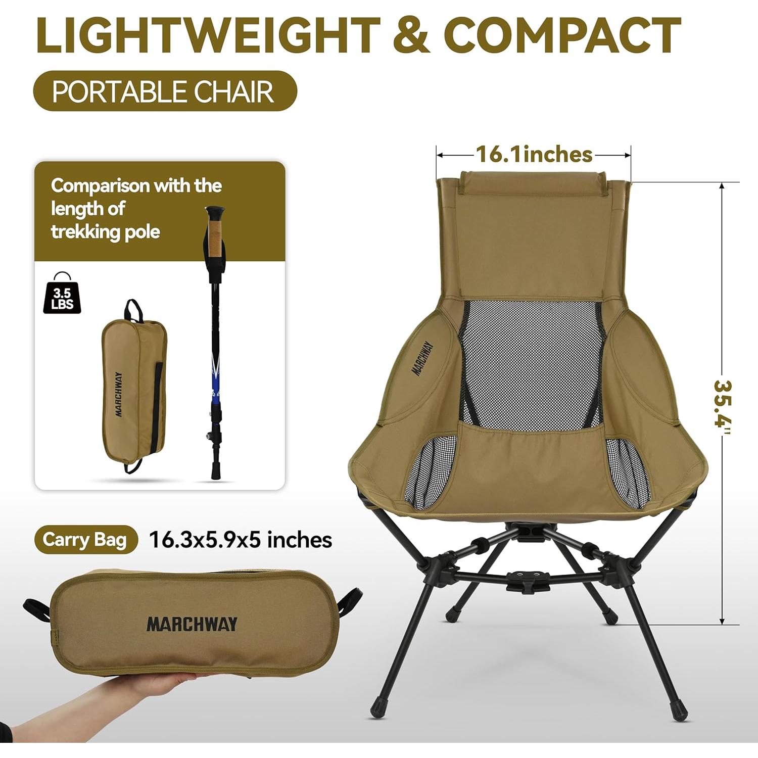 Silla de Camping MARCHWAY Plegable Respaldo Alto Caqui