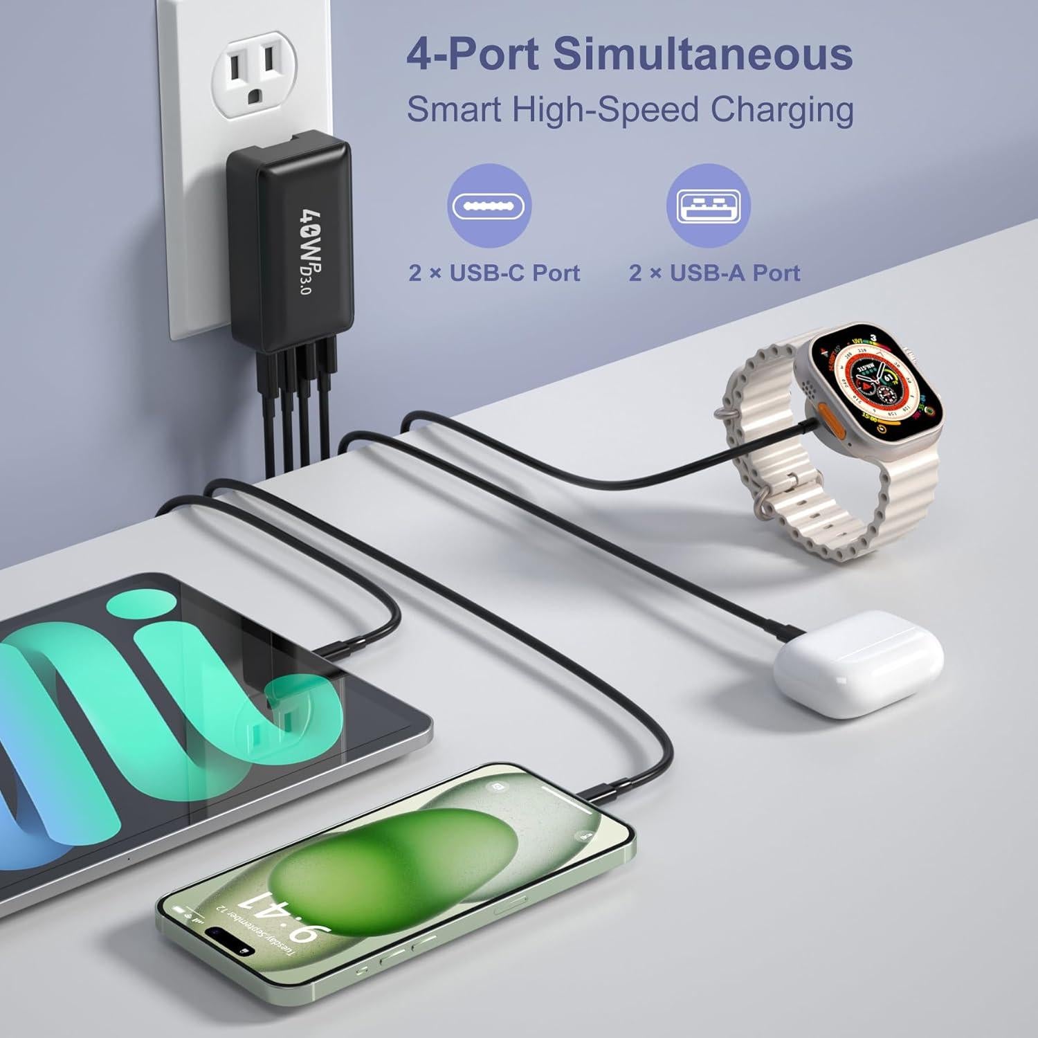 Cargador de Pared USB-C OKRAY 40W 4 Puertos Carga Rápida