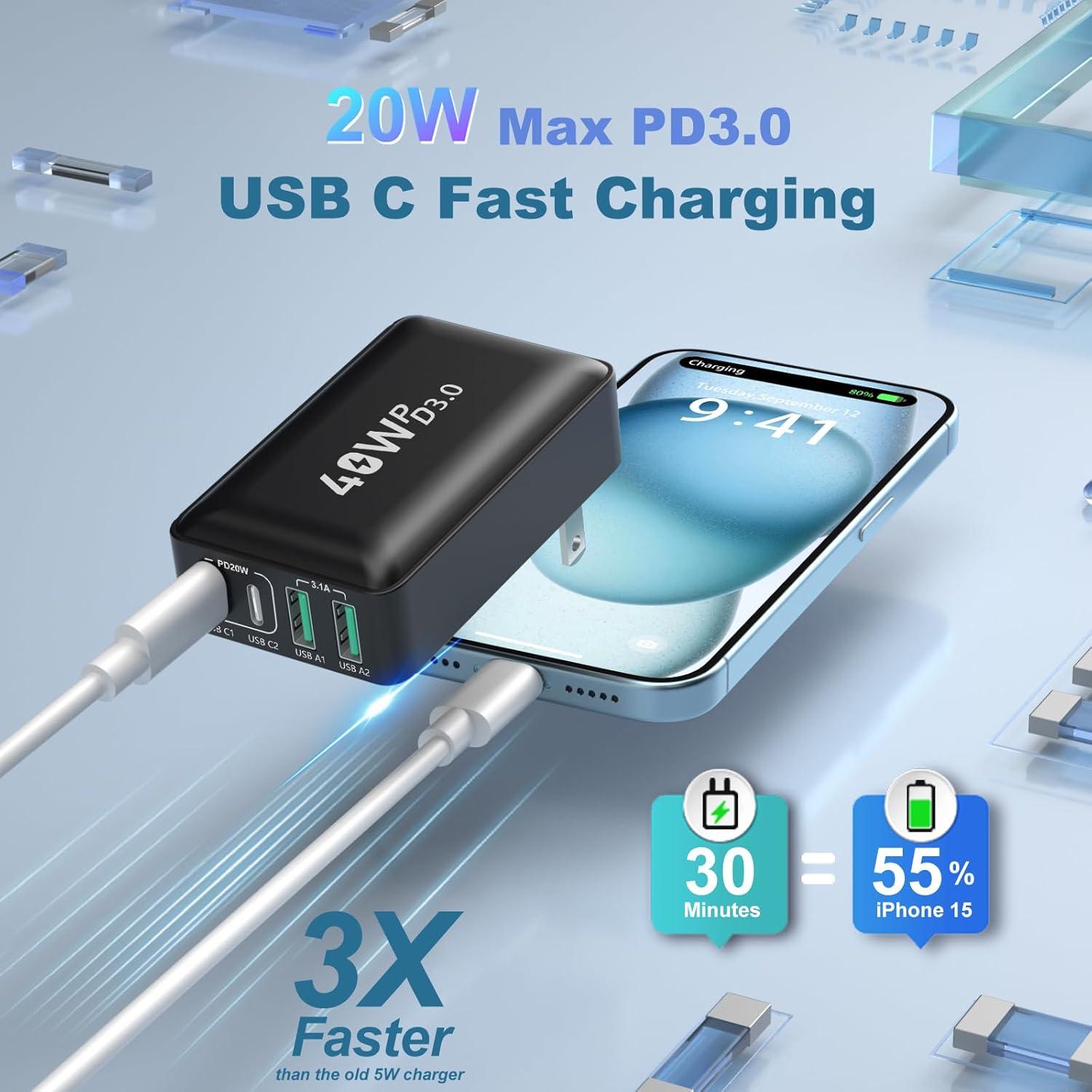 Cargador de Pared USB-C OKRAY 40W 4 Puertos Carga Rápida