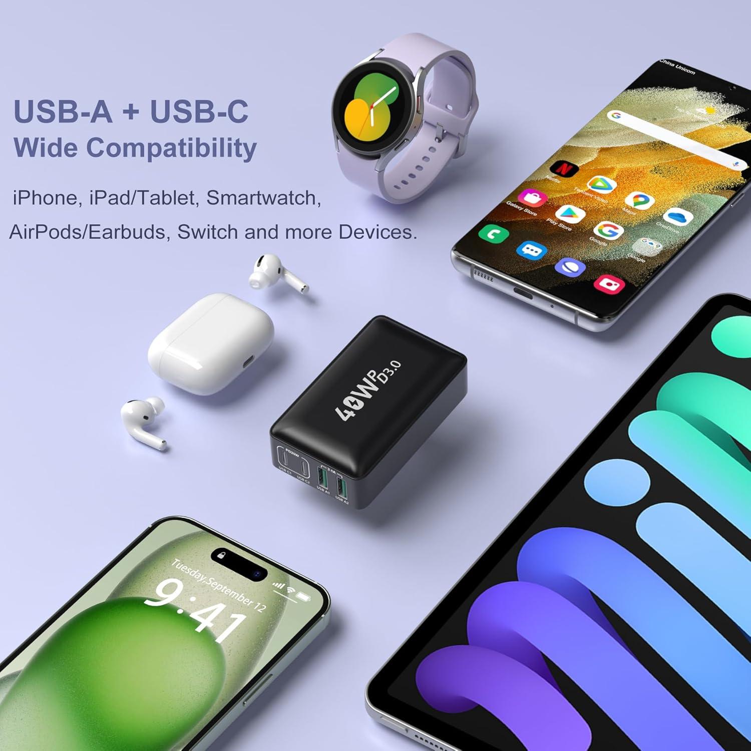 Cargador de Pared USB-C OKRAY 40W 4 Puertos Carga Rápida