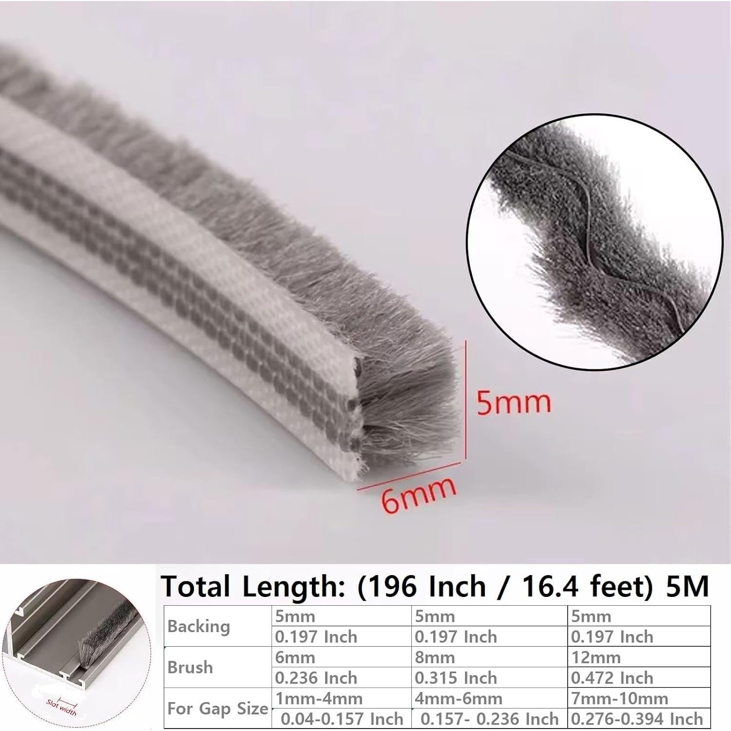 Tira de Sello de Cepillo Zjclx 5m x 6mm Gris para Puertas y Ventanas