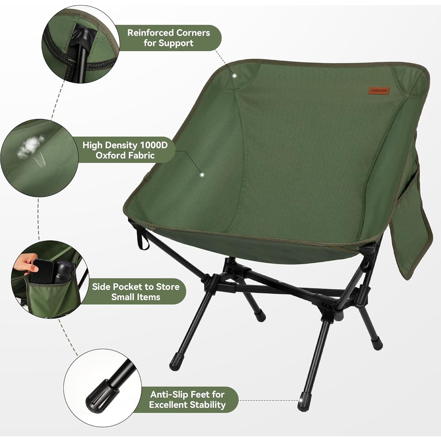 TOBTOS Ultralight Camping Chair, Portable Folding Backpacking Chair, Compact Camping Chair with Carry Bag for Outdoor Camp Hiking Backpack Beach Travel (Green)