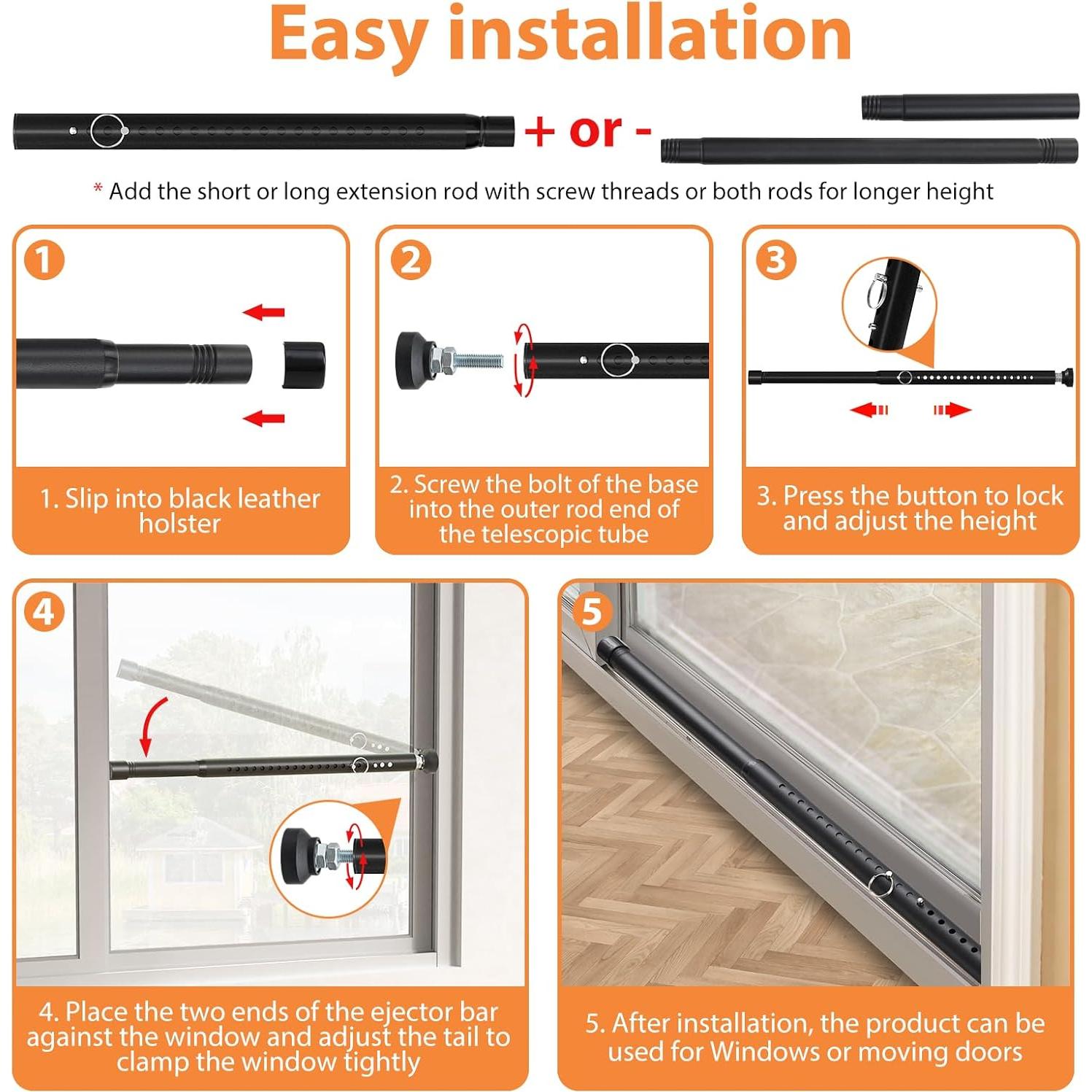 Barras de Seguridad Ajustables BsBsBest para Ventanas y Puertas 45.72-129.54 cm Negro