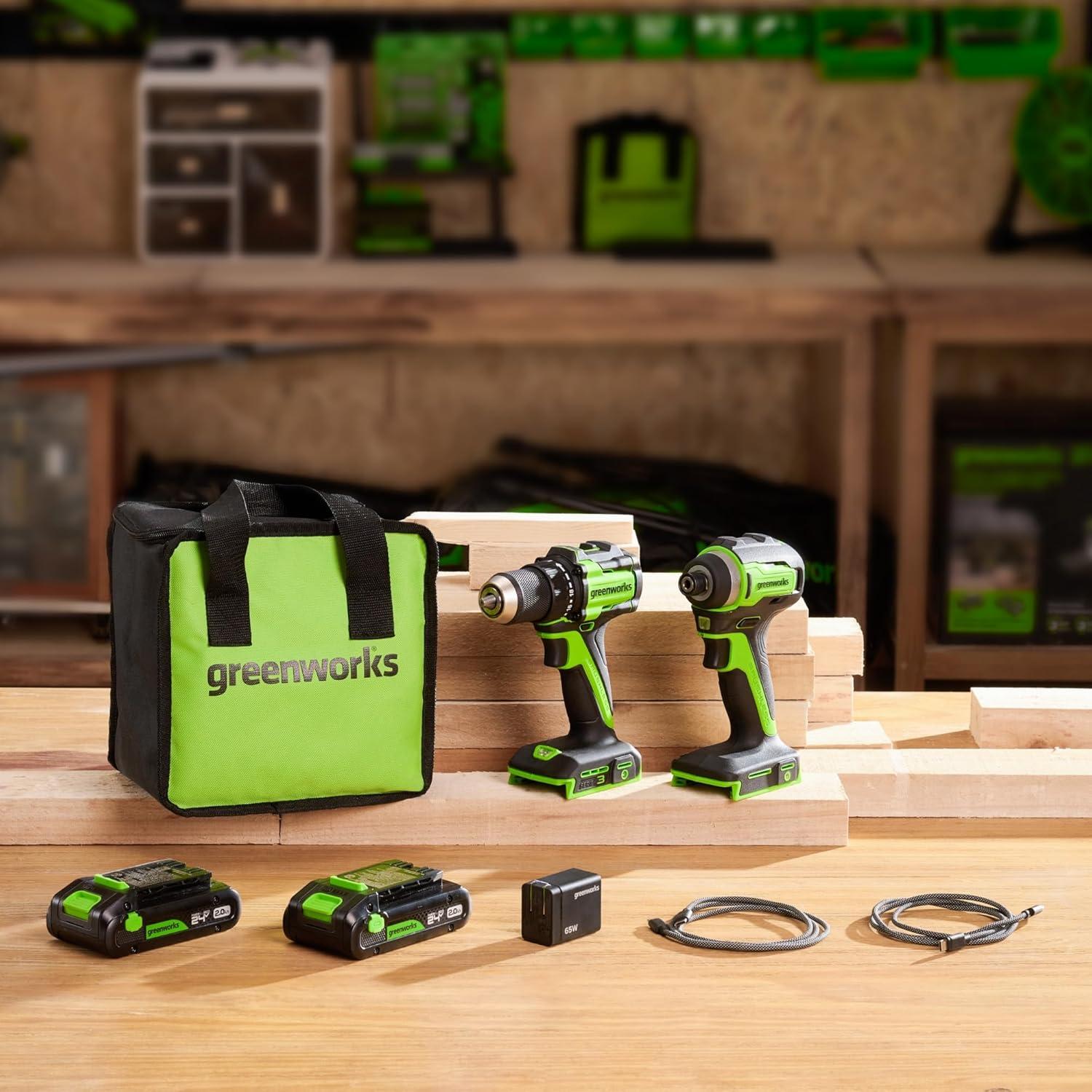 Kit Greenworks 24V Taladro y Destornillador de Impacto 2.0Ah