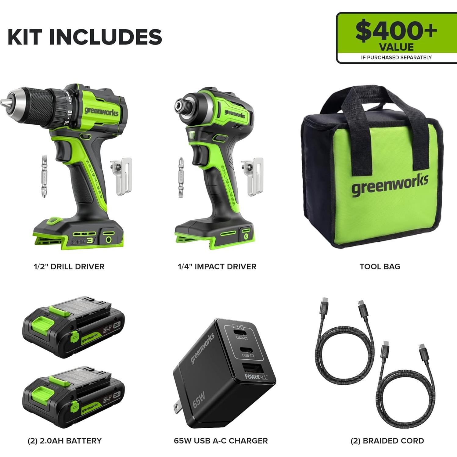 Kit Greenworks 24V Taladro y Destornillador de Impacto 2.0Ah