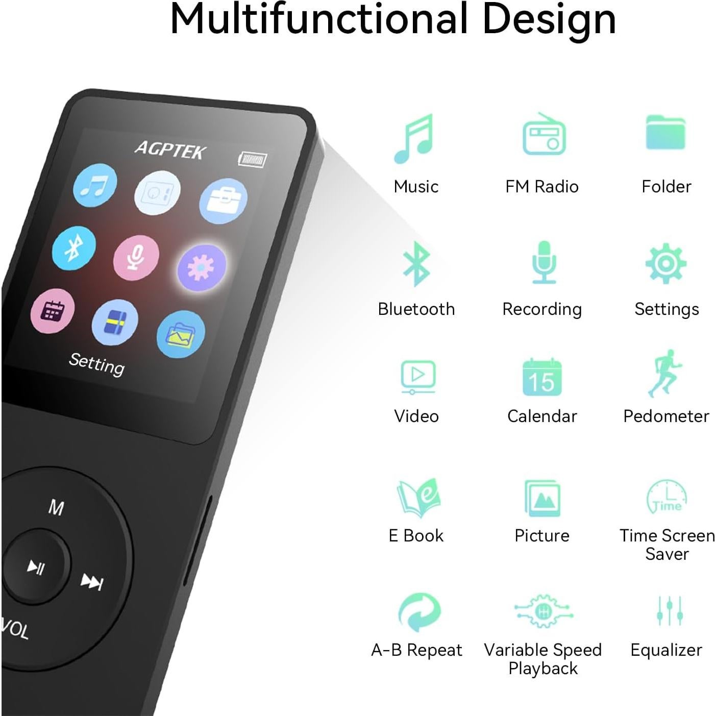 Reproductor MP3 AGPTEK A02 Bluetooth 5.3 32GB Pantalla 1.8"