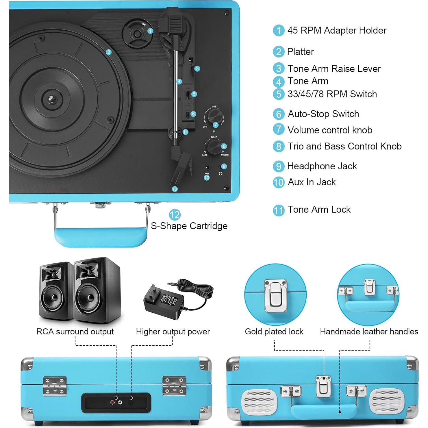 Reproductor de Vinilo Portátil Bluetooth MANGOSTAN TE-001KBU Azul