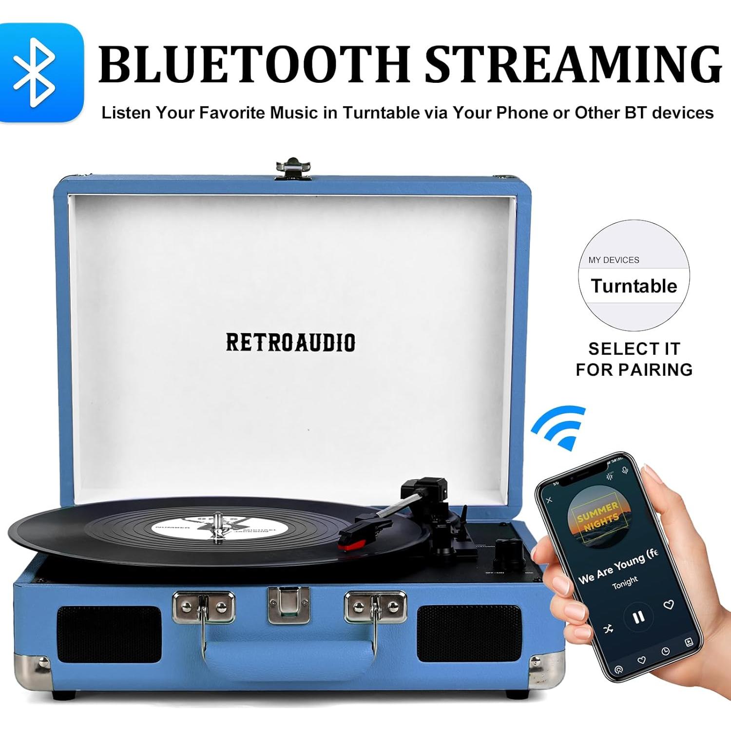 Reproductor de Vinilo Bluetooth RetroAudio Azul 3 Velocidades